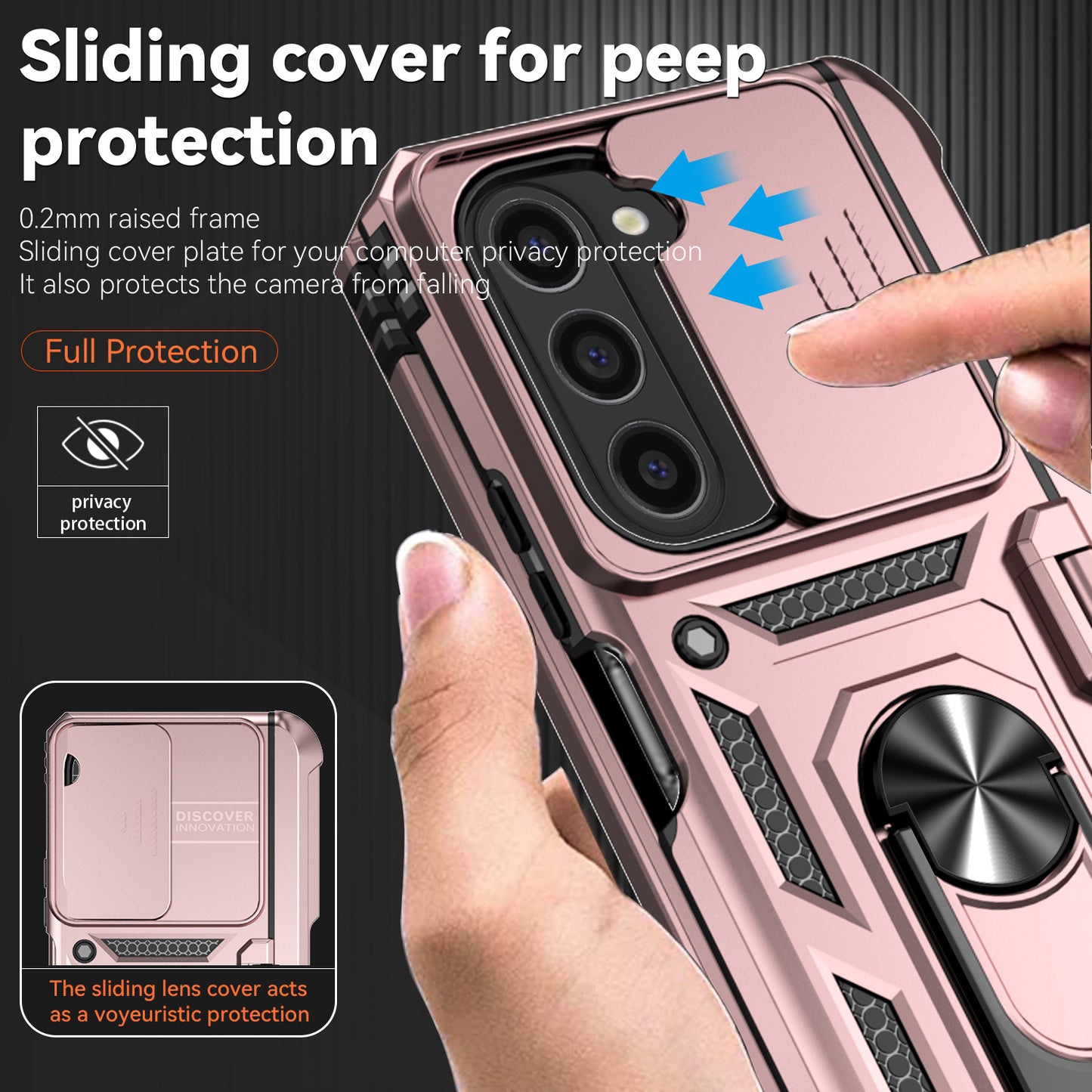 For Samsung Galaxy Z Fold6 5G Case Camera Protection PC+TPU Phone Cover Finger Ring Holder Kickstand - Rose Gold