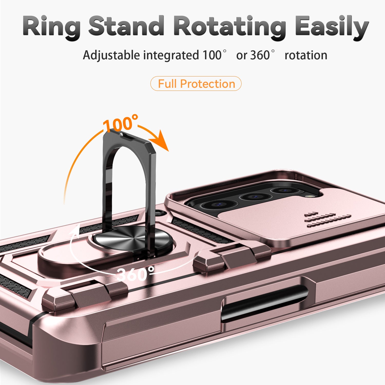 For Samsung Galaxy Z Fold6 5G Case Camera Protection PC+TPU Phone Cover Finger Ring Holder Kickstand - Rose Gold