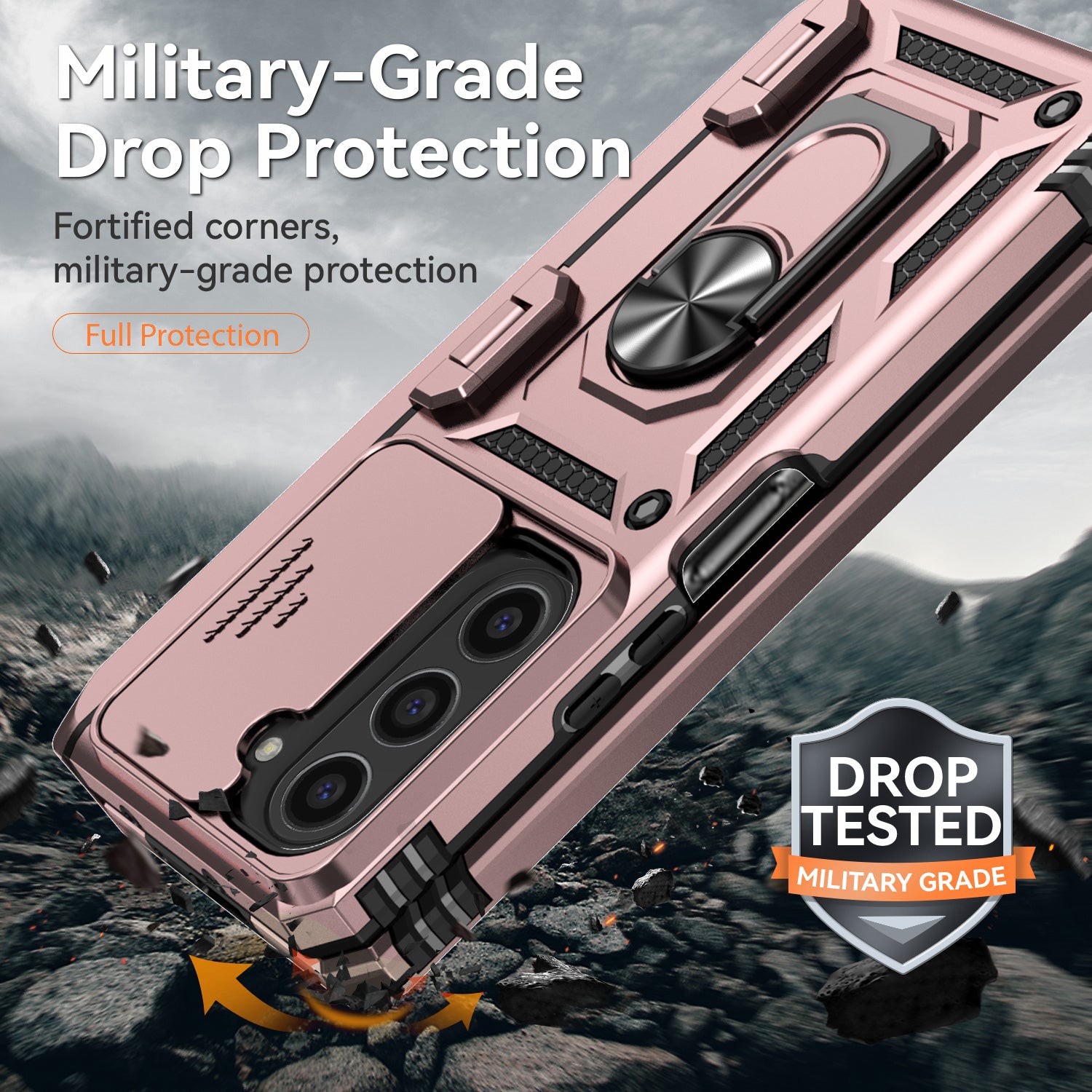 For Samsung Galaxy Z Fold6 5G Case Camera Protection PC+TPU Phone Cover Finger Ring Holder Kickstand - Rose Gold
