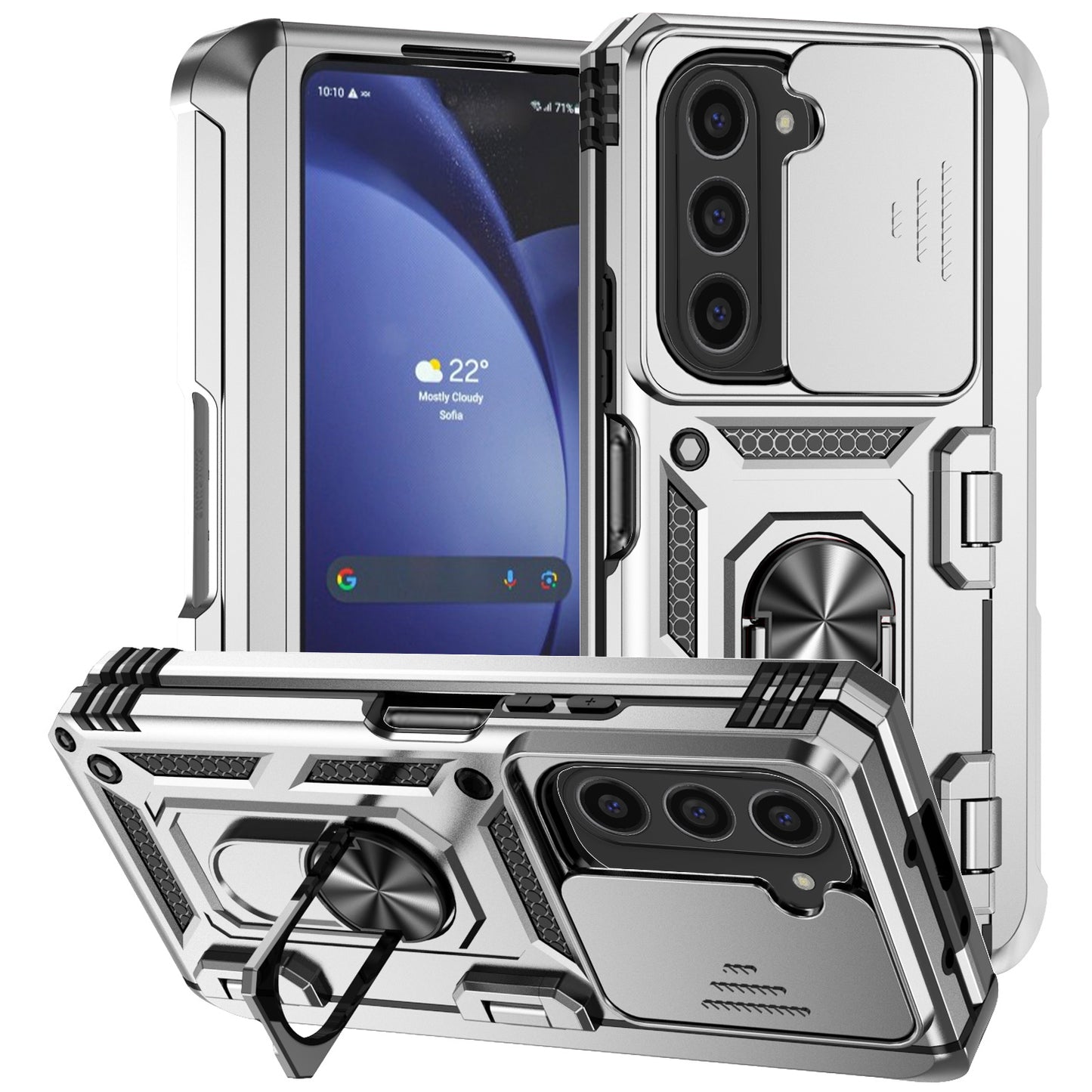 For Samsung Galaxy Z Fold6 5G Case Camera Protection PC+TPU Phone Cover Finger Ring Holder Kickstand - Silver