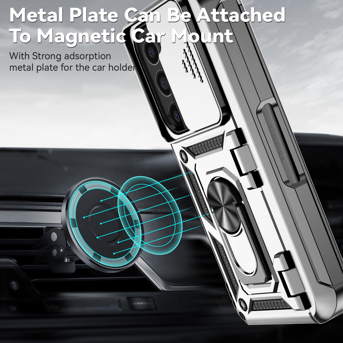 For Samsung Galaxy Z Fold6 5G Case Camera Protection PC+TPU Phone Cover Finger Ring Holder Kickstand - Silver