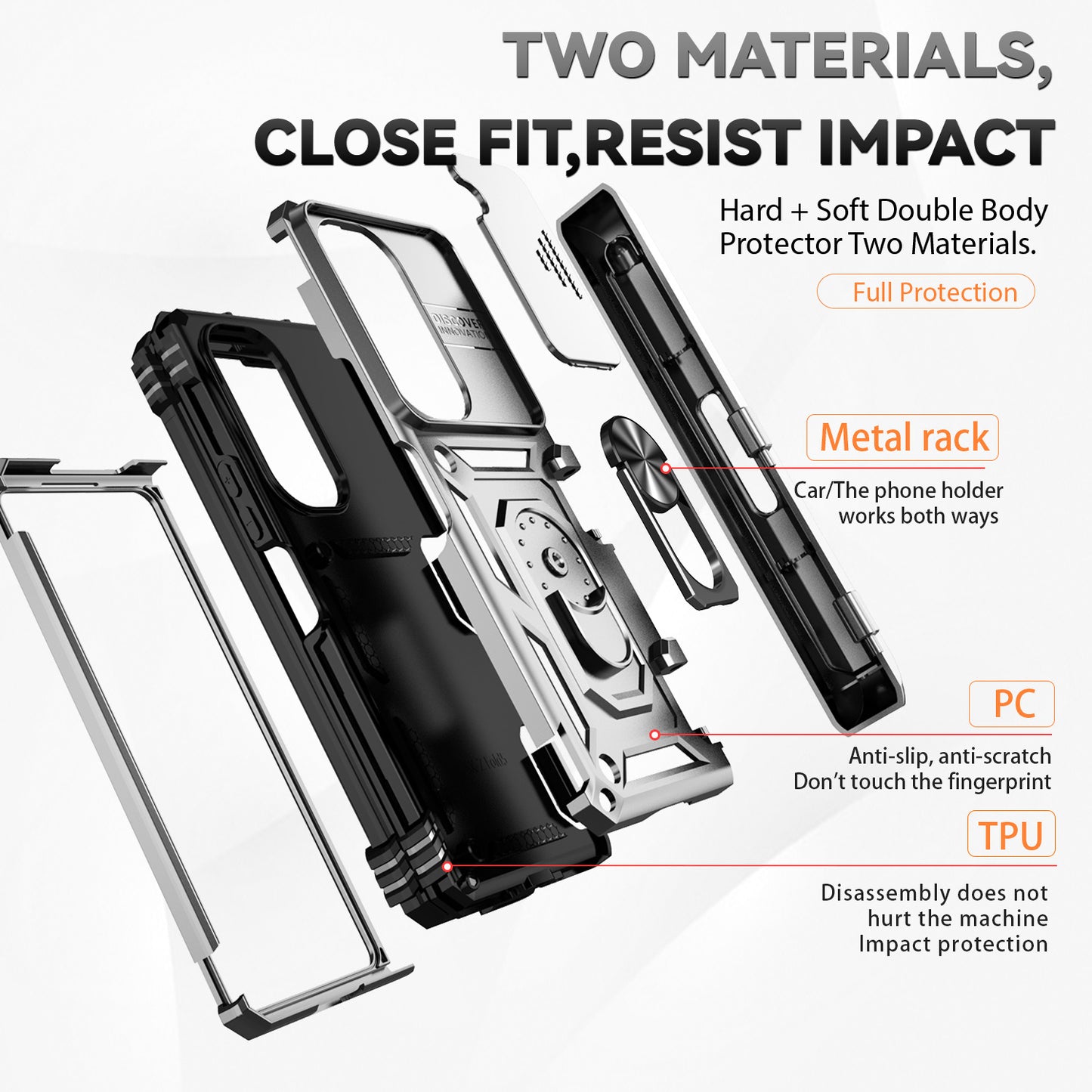 For Samsung Galaxy Z Fold6 5G Case Camera Protection PC+TPU Phone Cover Finger Ring Holder Kickstand - Silver