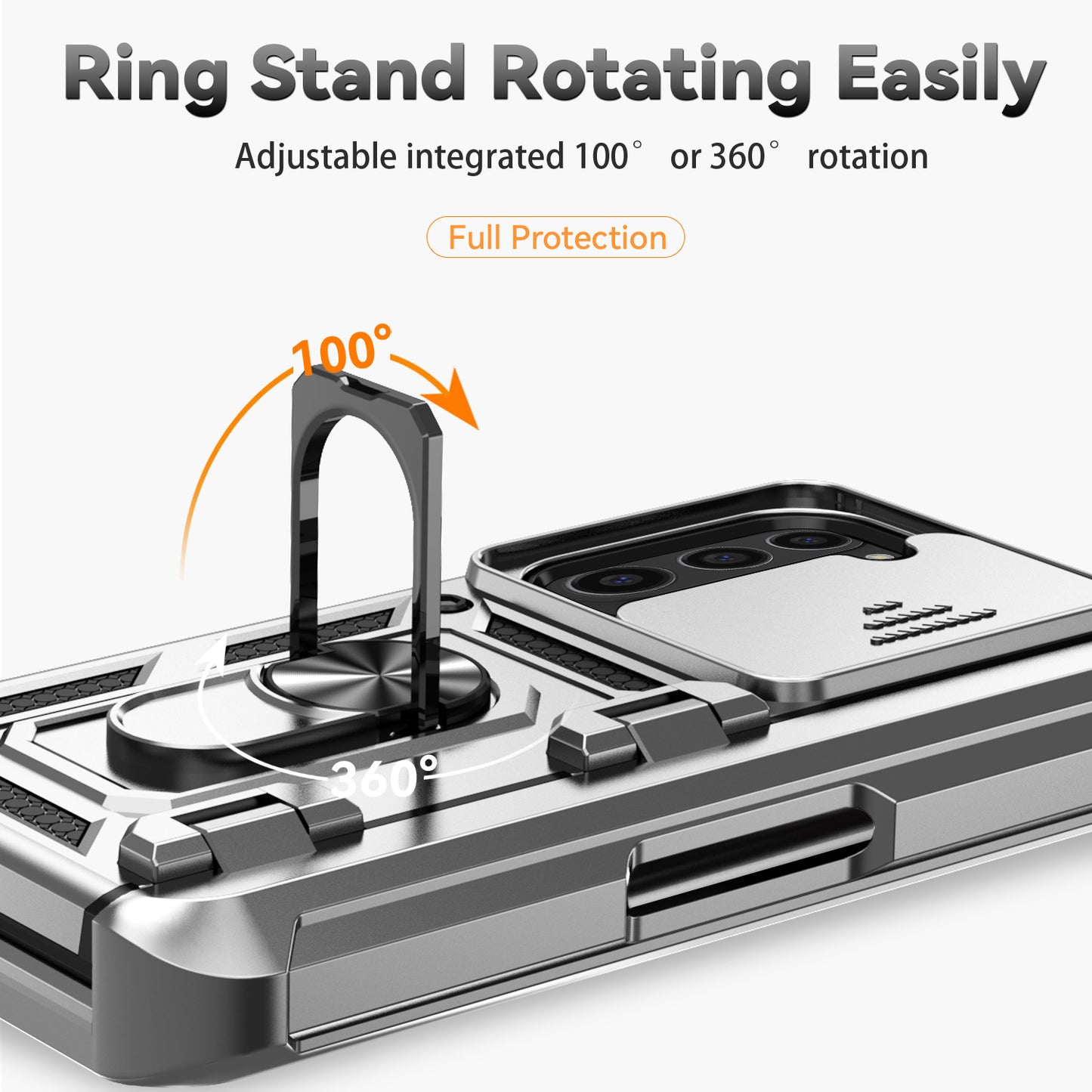 For Samsung Galaxy Z Fold6 5G Case Camera Protection PC+TPU Phone Cover Finger Ring Holder Kickstand - Silver
