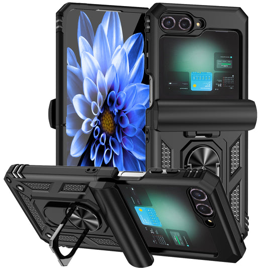 For Samsung Galaxy Z Flip6 5G Case Lens Protection PC TPU Phone Cover Anti-Drop Ring Holder - Black