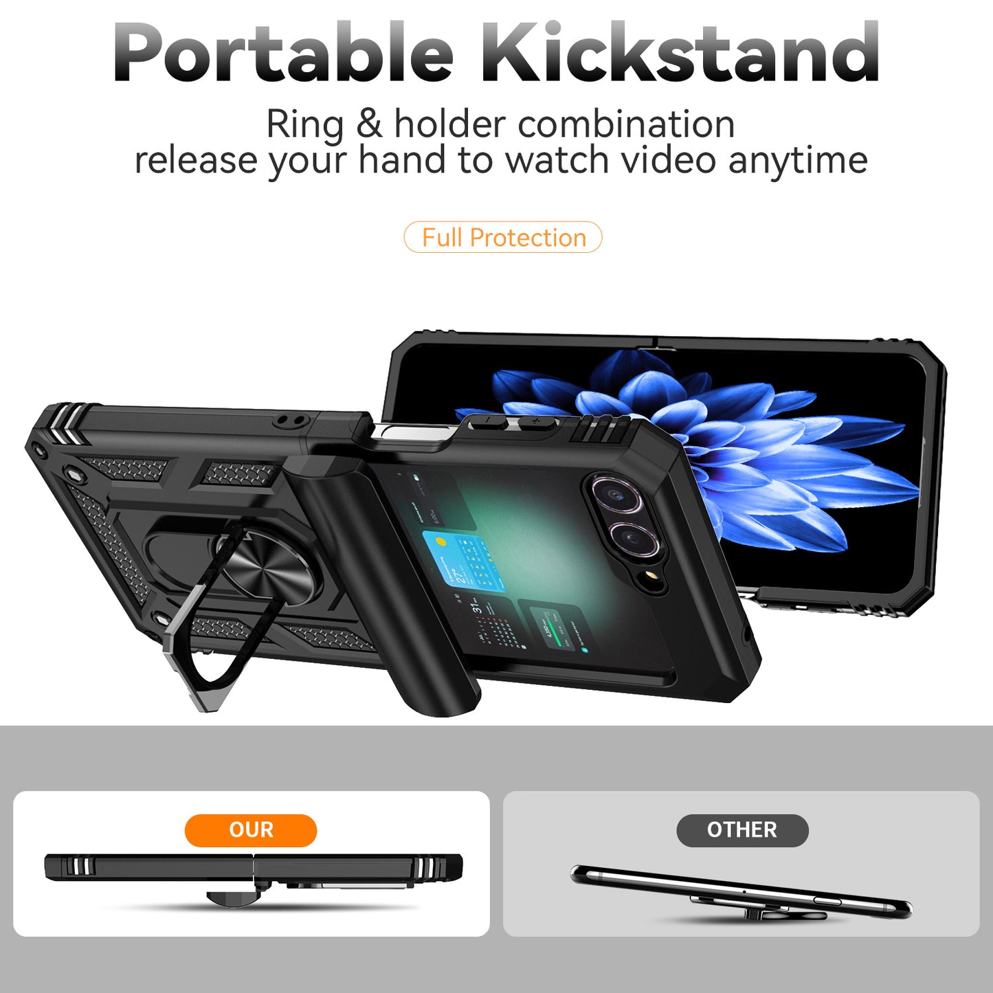 For Samsung Galaxy Z Flip6 5G Case Lens Protection PC TPU Phone Cover Anti-Drop Ring Holder - Black