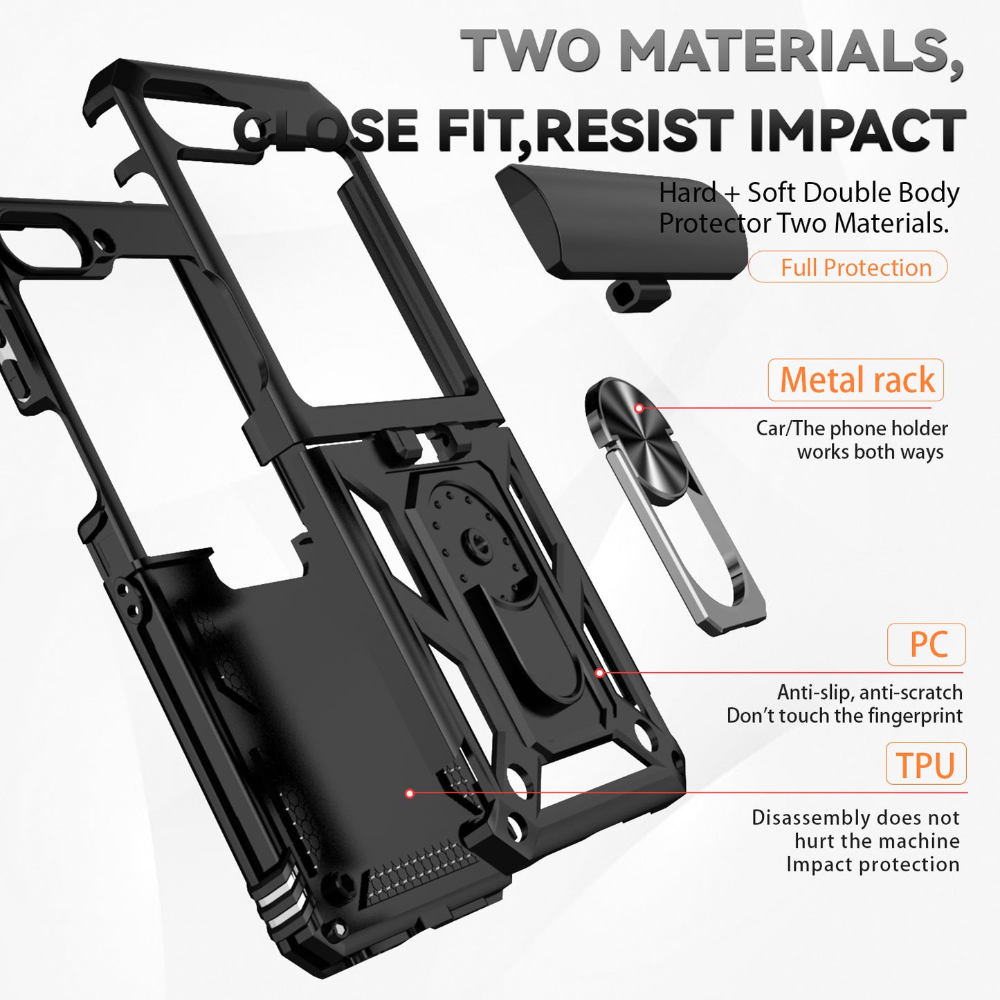 For Samsung Galaxy Z Flip6 5G Case Lens Protection PC TPU Phone Cover Anti-Drop Ring Holder - Black