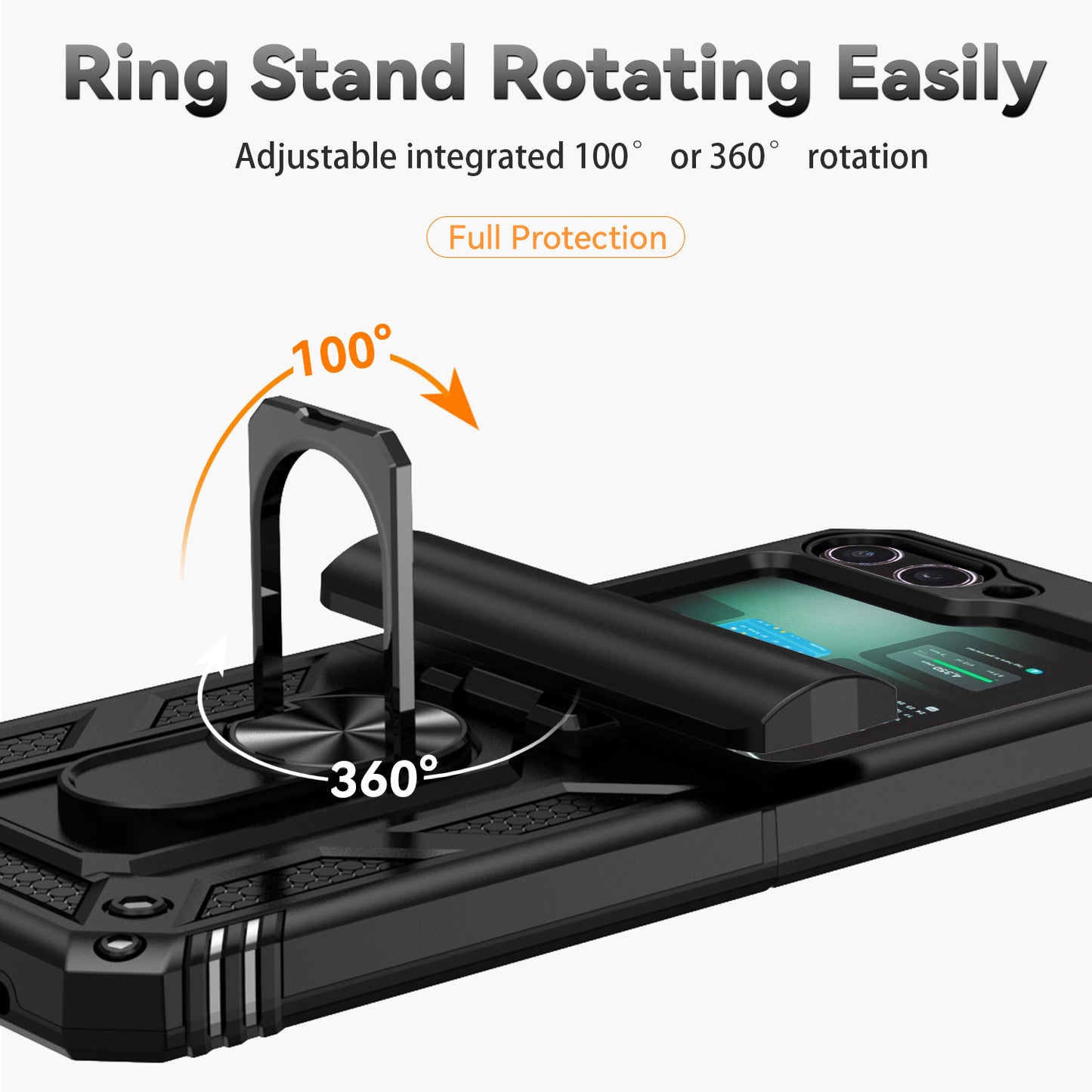 For Samsung Galaxy Z Flip6 5G Case Lens Protection PC TPU Phone Cover Anti-Drop Ring Holder - Black