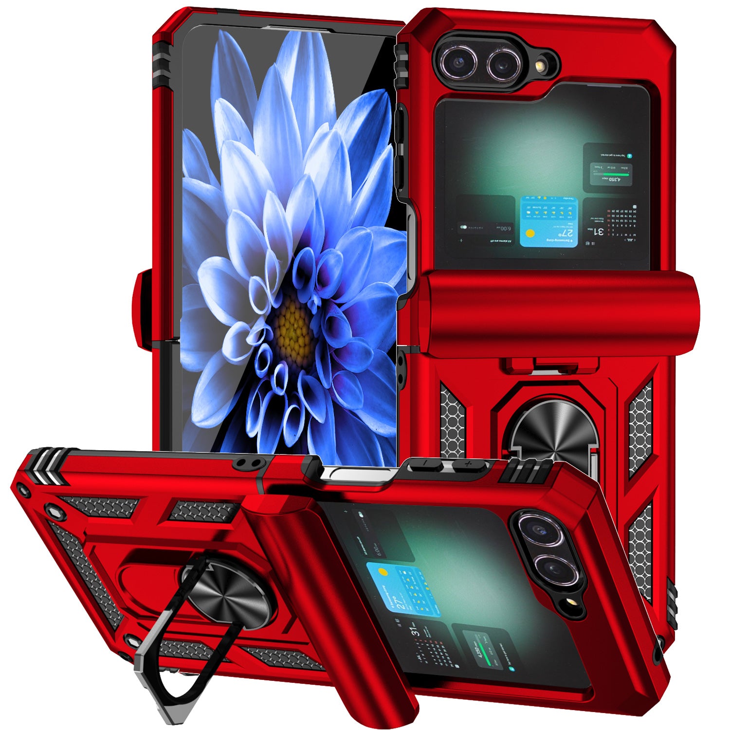 For Samsung Galaxy Z Flip6 5G Case Lens Protection PC TPU Phone Cover Anti-Drop Ring Holder - Red