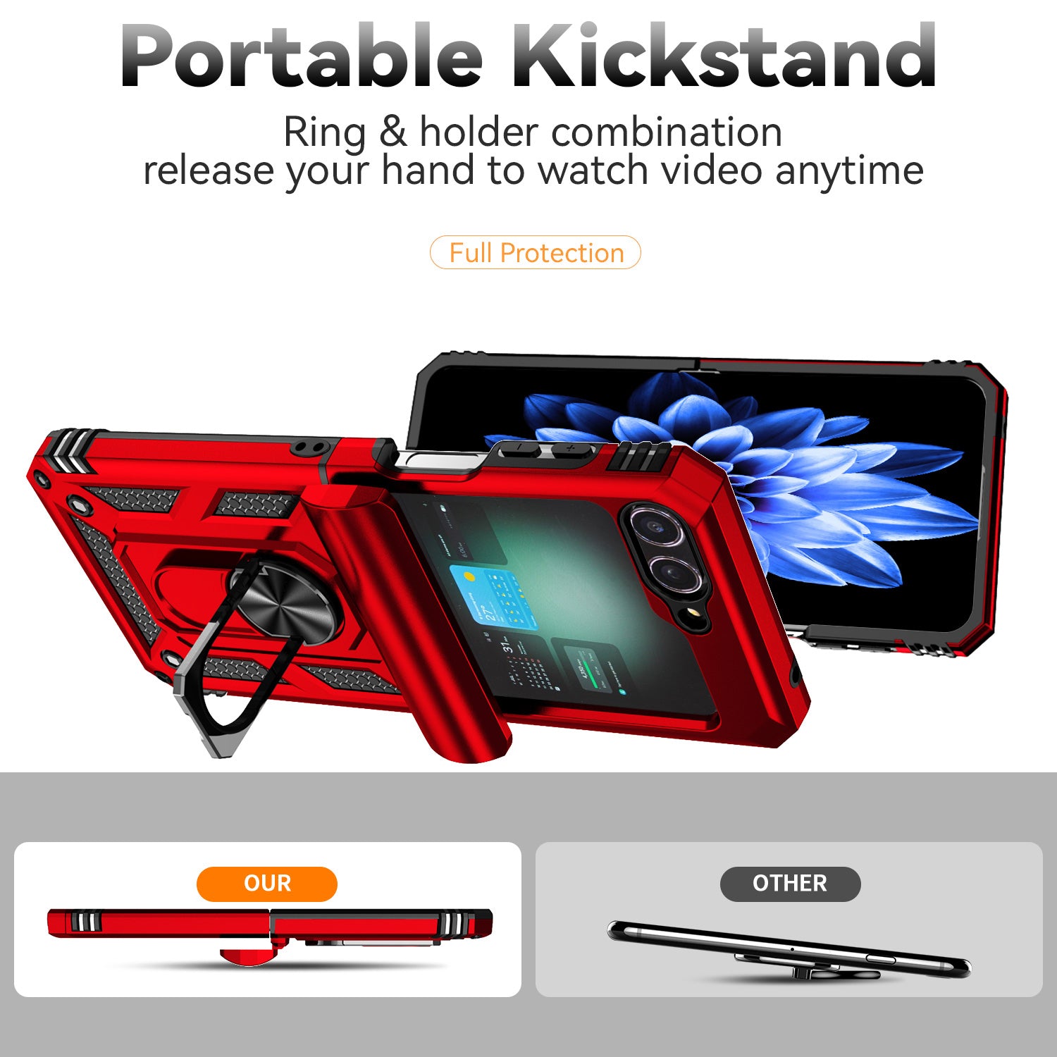 For Samsung Galaxy Z Flip6 5G Case Lens Protection PC TPU Phone Cover Anti-Drop Ring Holder - Red