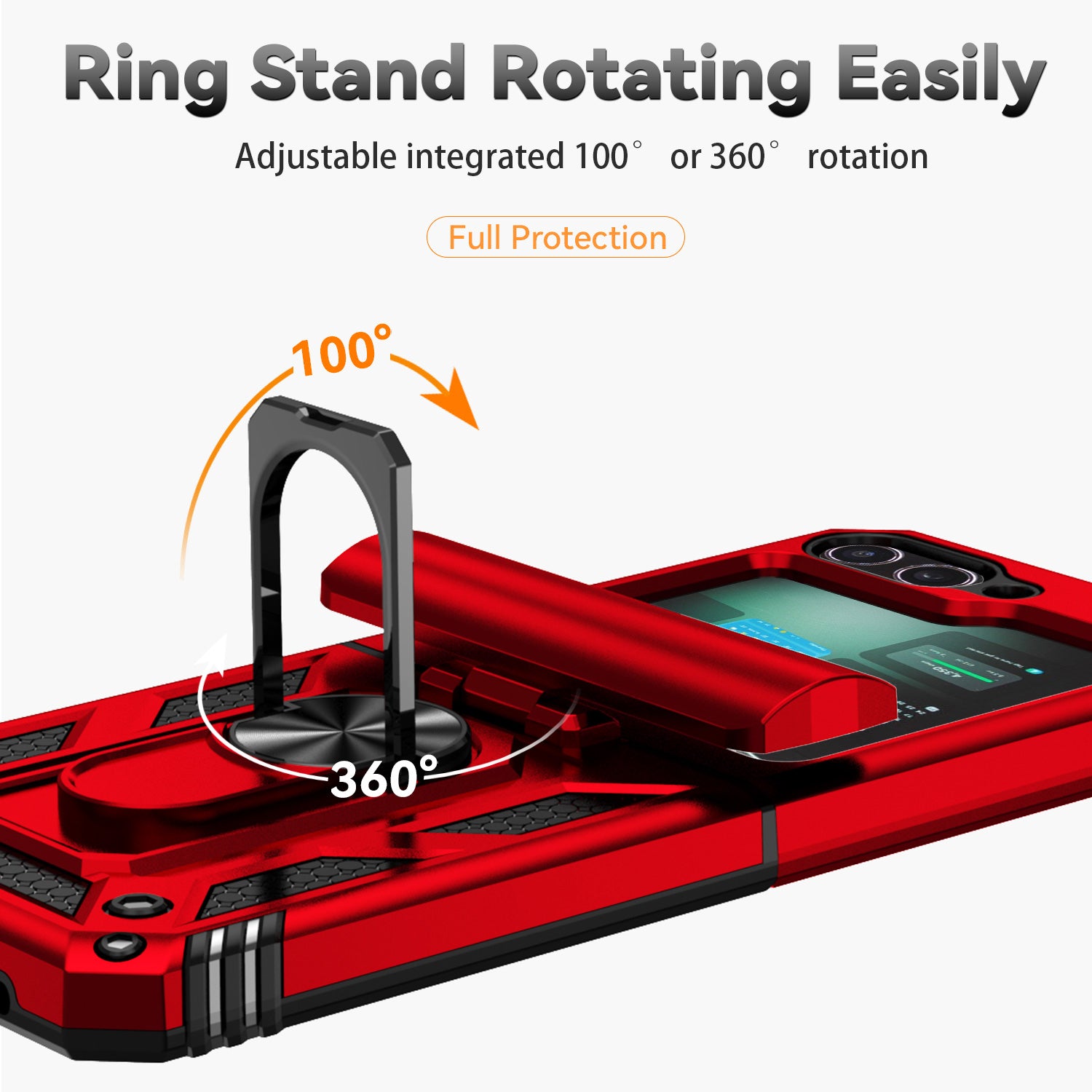 For Samsung Galaxy Z Flip6 5G Case Lens Protection PC TPU Phone Cover Anti-Drop Ring Holder - Red