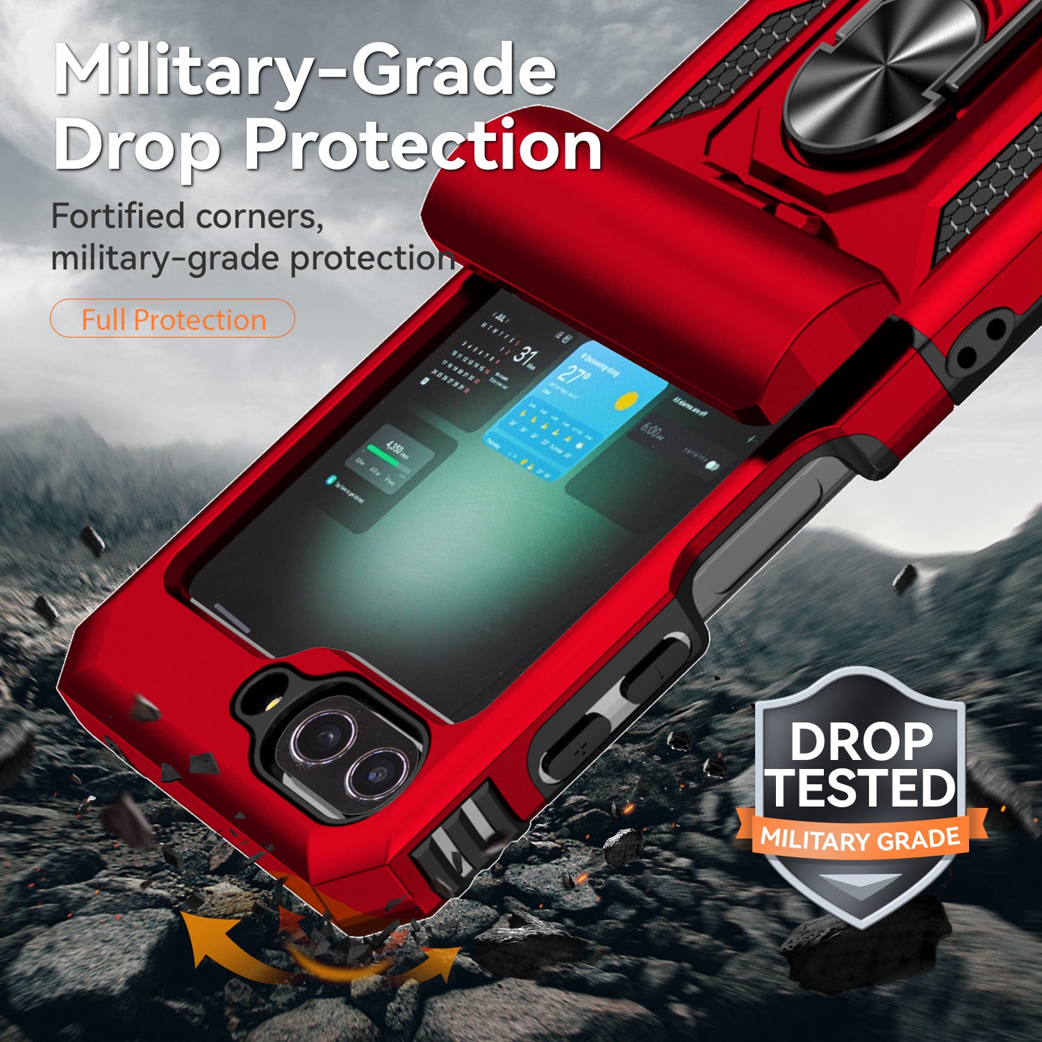 For Samsung Galaxy Z Flip6 5G Case Lens Protection PC TPU Phone Cover Anti-Drop Ring Holder - Red