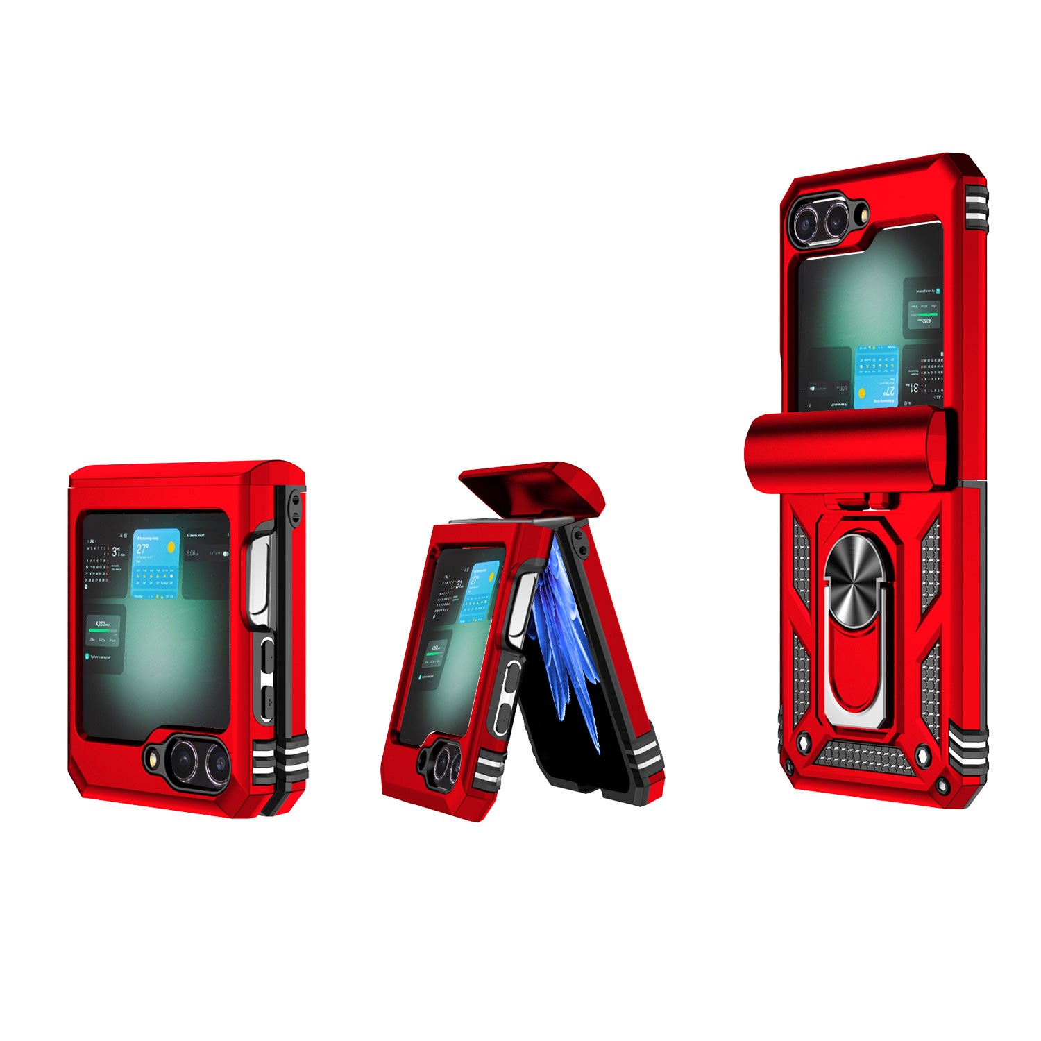 For Samsung Galaxy Z Flip6 5G Case Lens Protection PC TPU Phone Cover Anti-Drop Ring Holder - Red