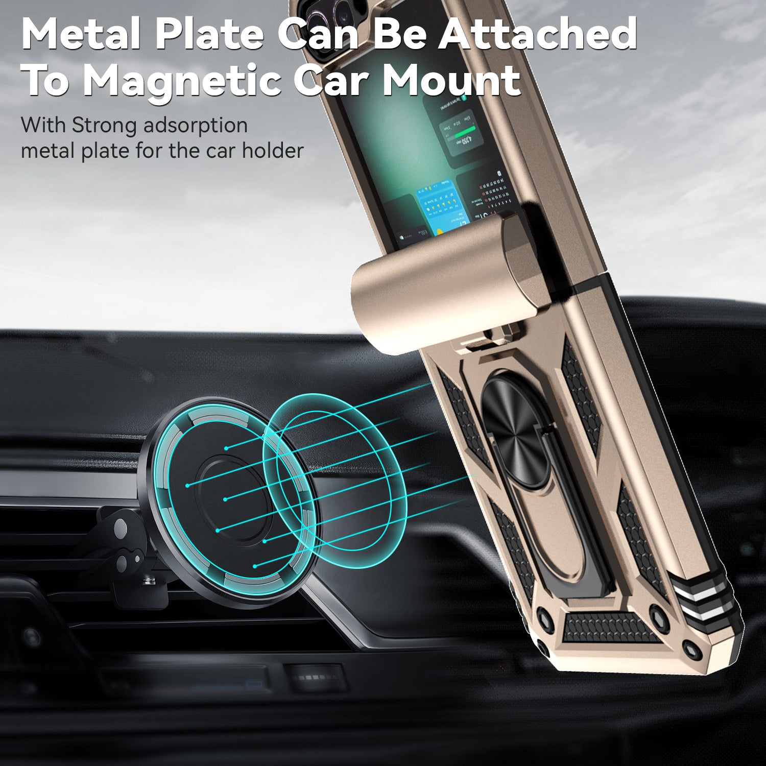 For Samsung Galaxy Z Flip6 5G Case Lens Protection PC TPU Phone Cover Anti-Drop Ring Holder - Gold