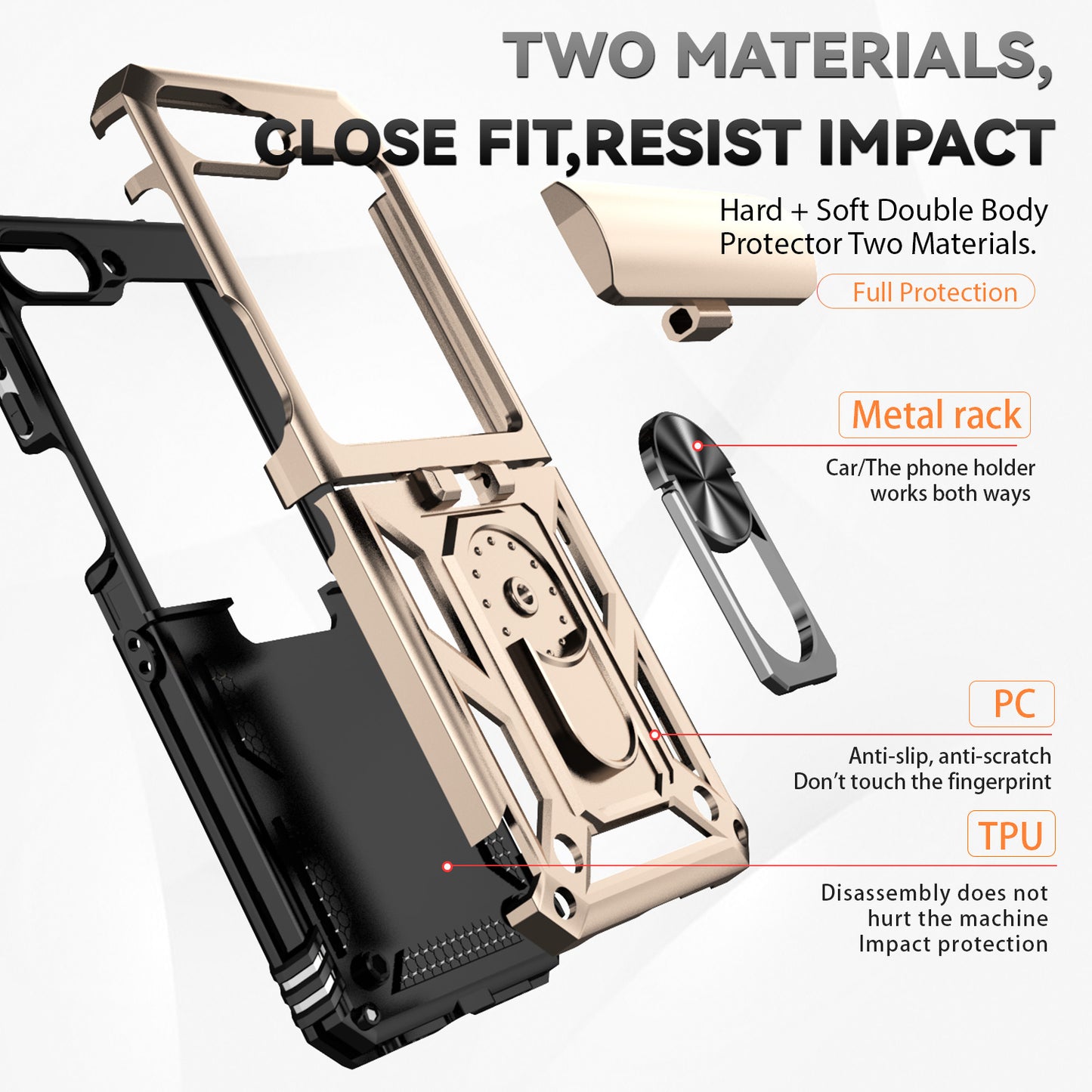 For Samsung Galaxy Z Flip6 5G Case Lens Protection PC TPU Phone Cover Anti-Drop Ring Holder - Gold
