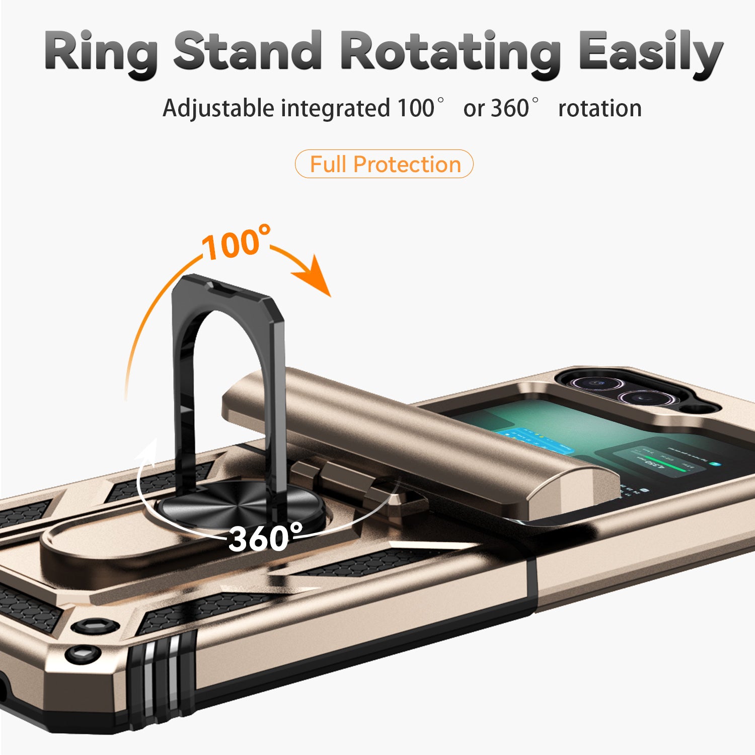 For Samsung Galaxy Z Flip6 5G Case Lens Protection PC TPU Phone Cover Anti-Drop Ring Holder - Gold