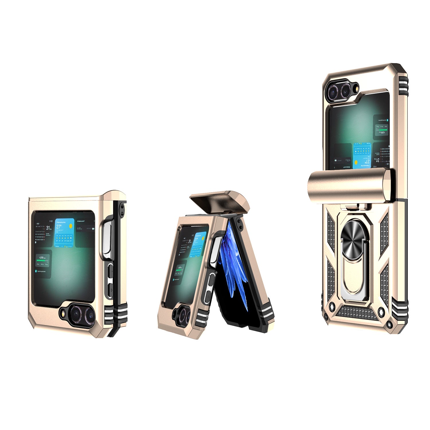 For Samsung Galaxy Z Flip6 5G Case Lens Protection PC TPU Phone Cover Anti-Drop Ring Holder - Gold