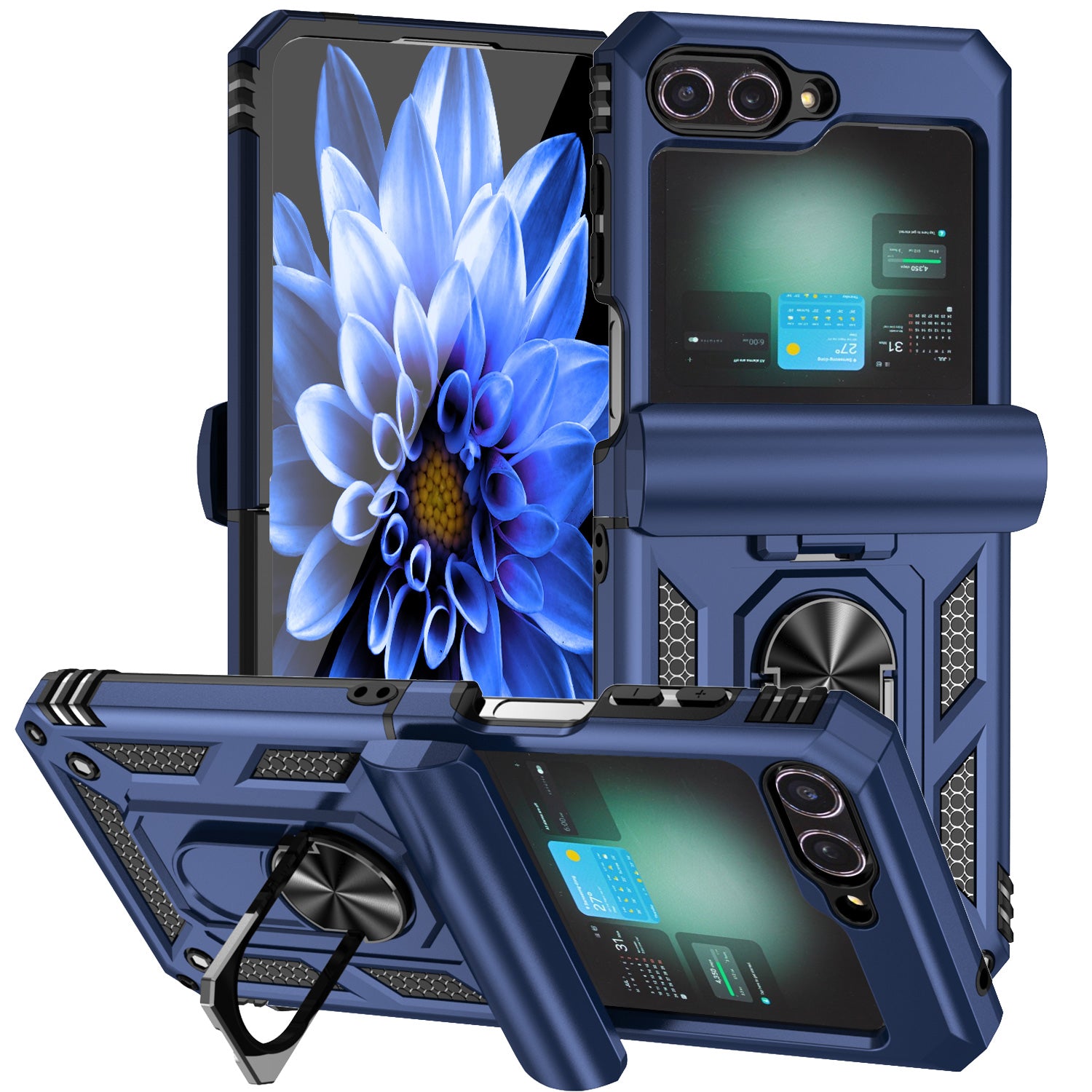 For Samsung Galaxy Z Flip6 5G Case Lens Protection PC TPU Phone Cover Anti-Drop Ring Holder - Blue