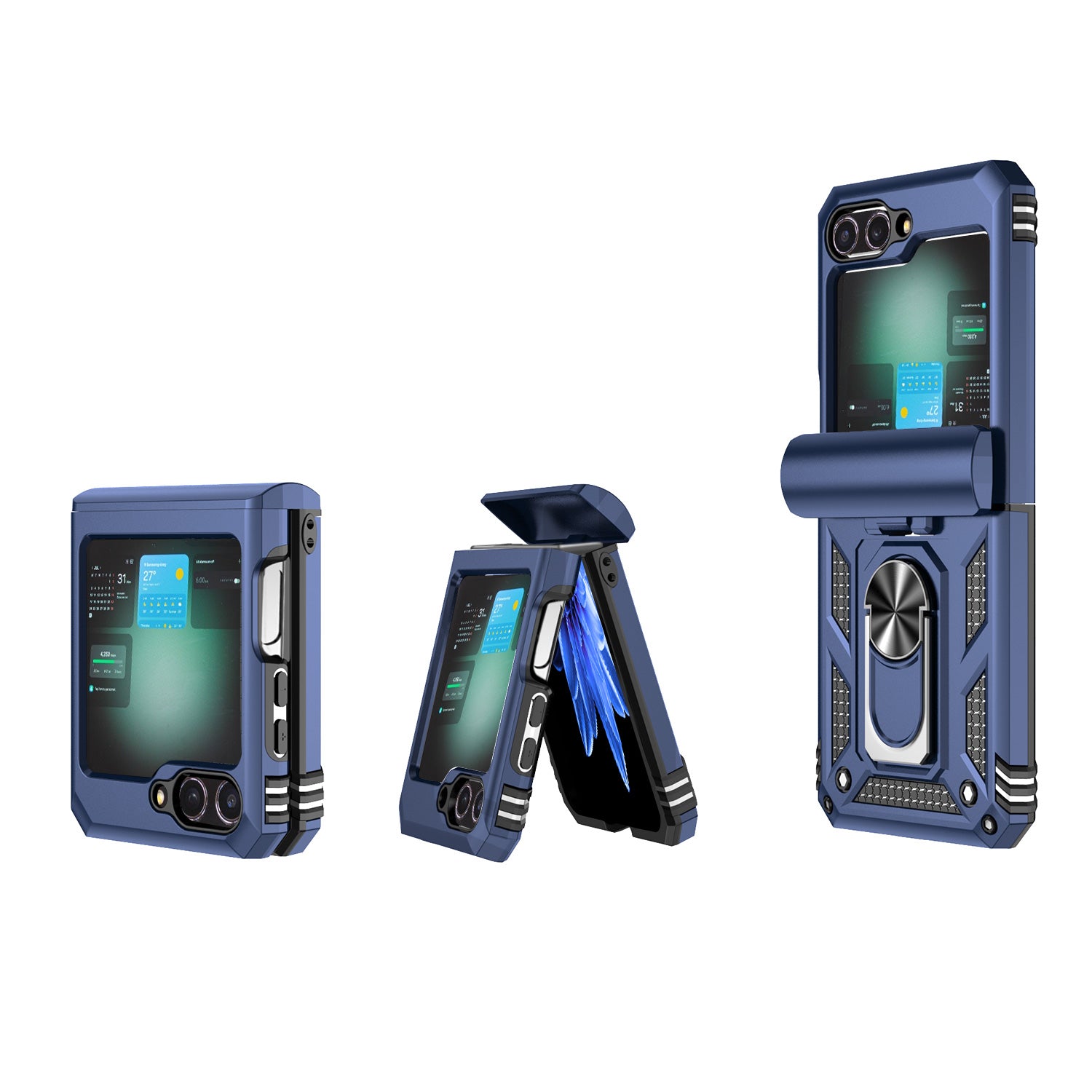 For Samsung Galaxy Z Flip6 5G Case Lens Protection PC TPU Phone Cover Anti-Drop Ring Holder - Blue