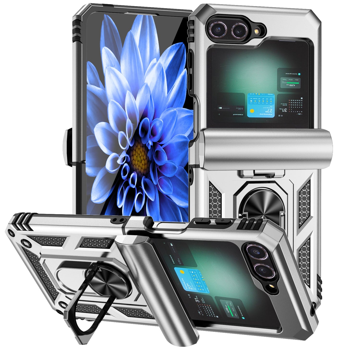 For Samsung Galaxy Z Flip6 5G Case Lens Protection PC TPU Phone Cover Anti-Drop Ring Holder - Silver
