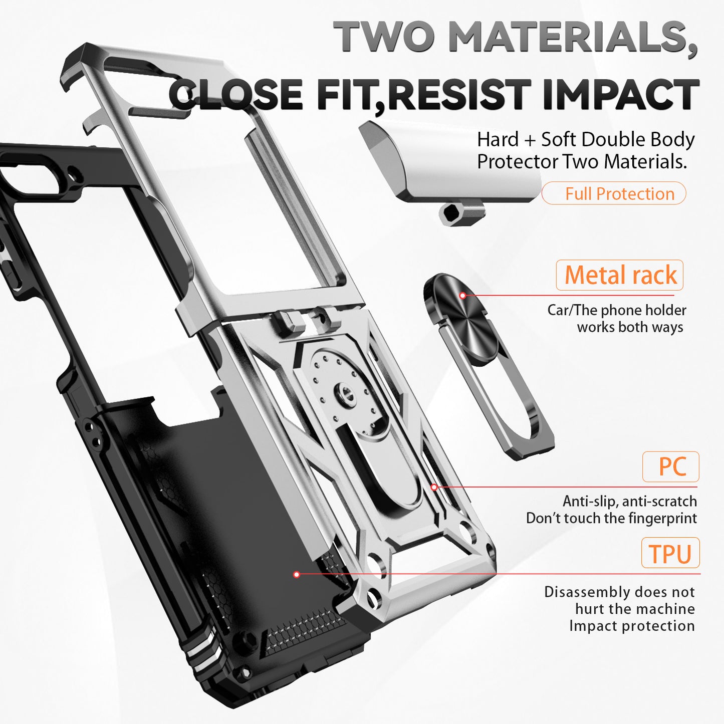 For Samsung Galaxy Z Flip6 5G Case Lens Protection PC TPU Phone Cover Anti-Drop Ring Holder - Silver