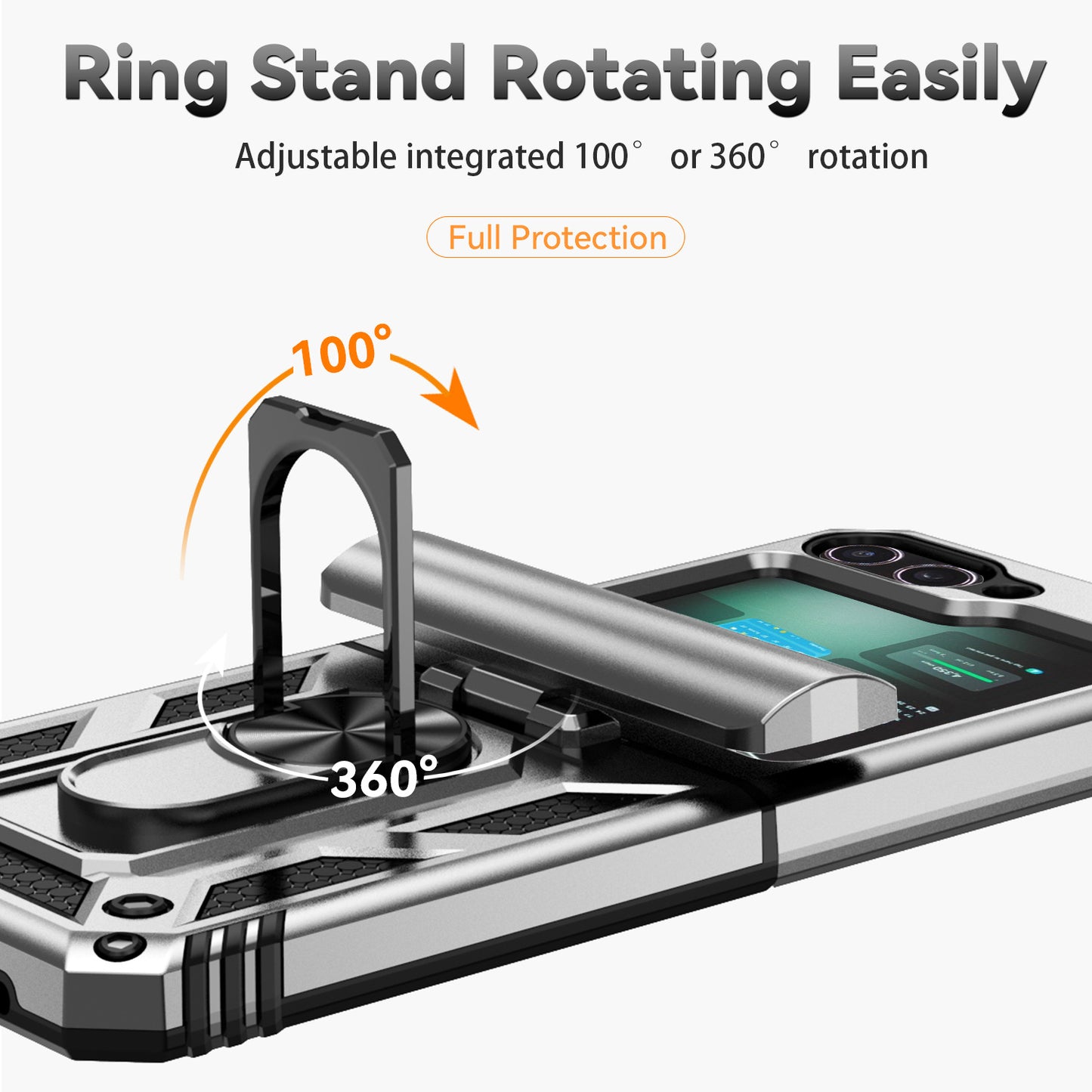 For Samsung Galaxy Z Flip6 5G Case Lens Protection PC TPU Phone Cover Anti-Drop Ring Holder - Silver