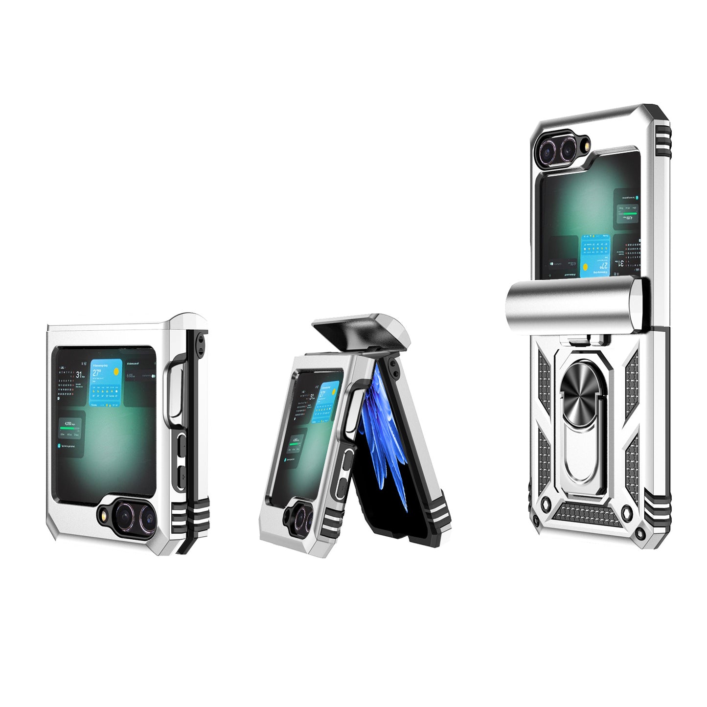 For Samsung Galaxy Z Flip6 5G Case Lens Protection PC TPU Phone Cover Anti-Drop Ring Holder - Silver