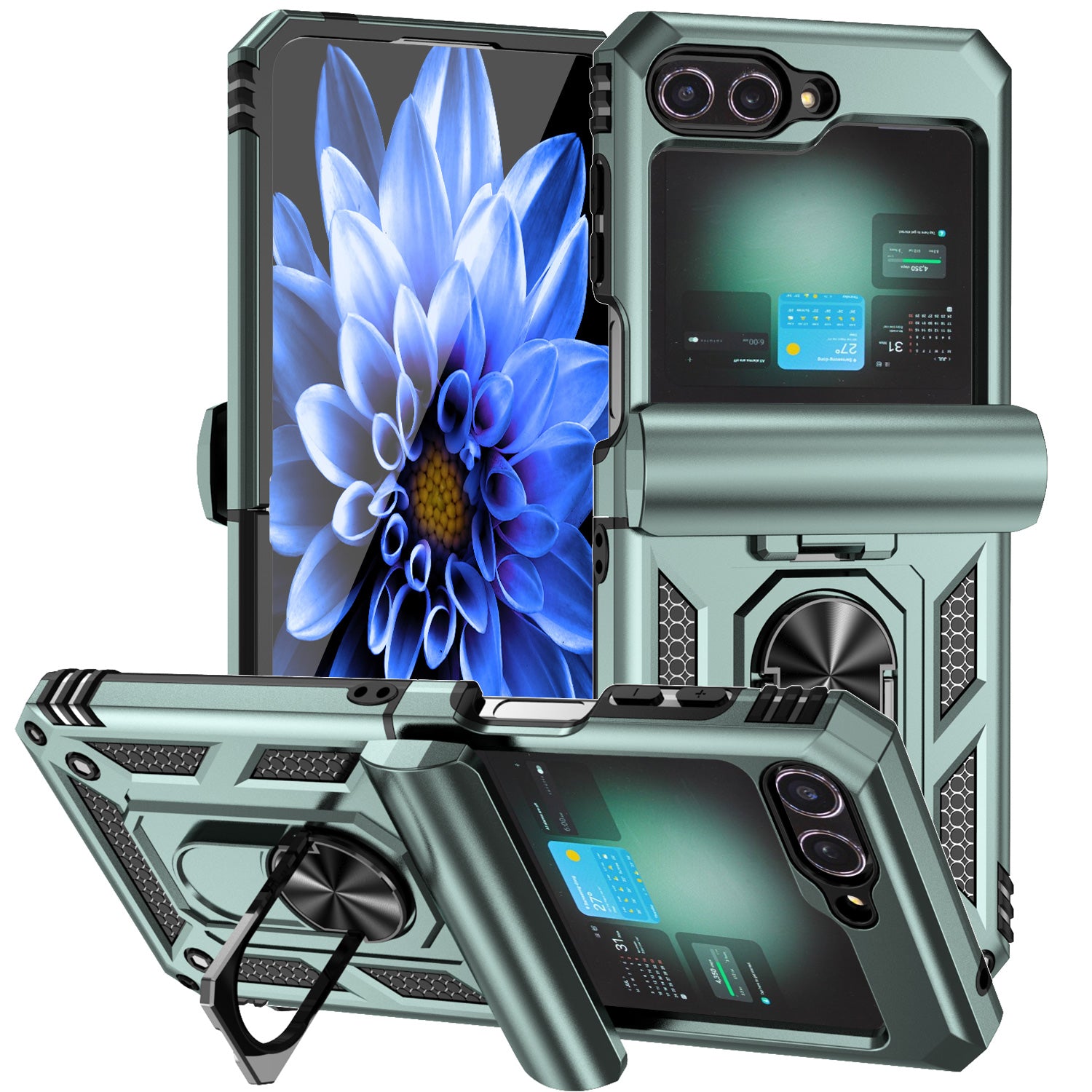 For Samsung Galaxy Z Flip6 5G Case Lens Protection PC TPU Phone Cover Anti-Drop Ring Holder - Blackish Green