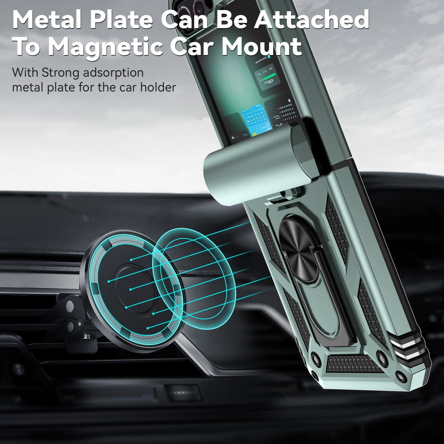For Samsung Galaxy Z Flip6 5G Case Lens Protection PC TPU Phone Cover Anti-Drop Ring Holder - Blackish Green