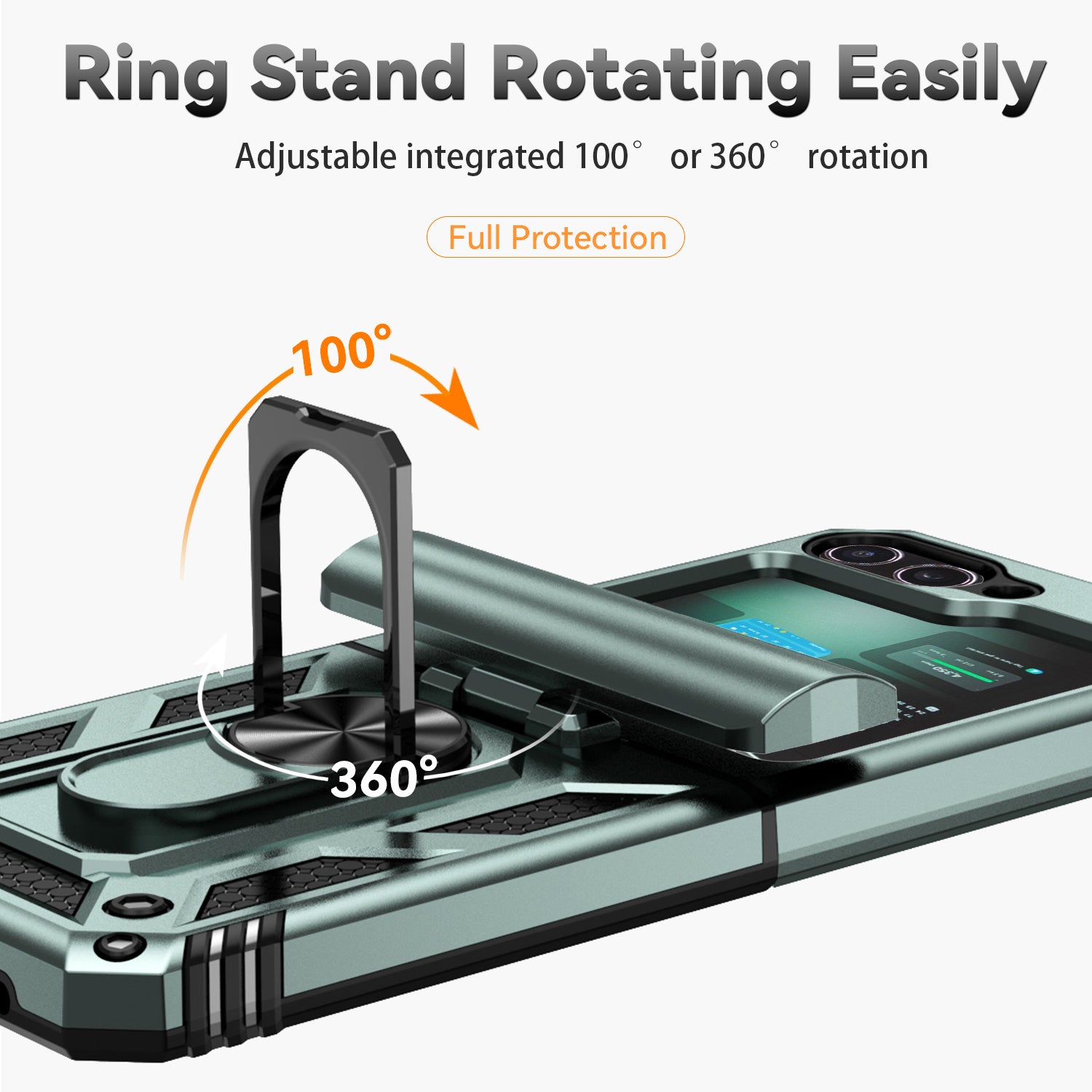 For Samsung Galaxy Z Flip6 5G Case Lens Protection PC TPU Phone Cover Anti-Drop Ring Holder - Blackish Green