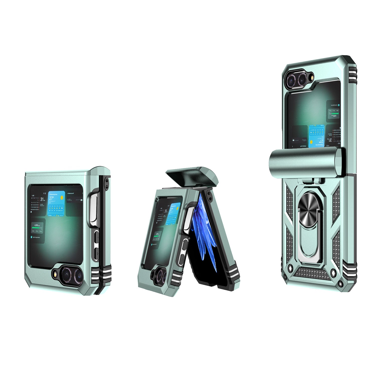 For Samsung Galaxy Z Flip6 5G Case Lens Protection PC TPU Phone Cover Anti-Drop Ring Holder - Blackish Green