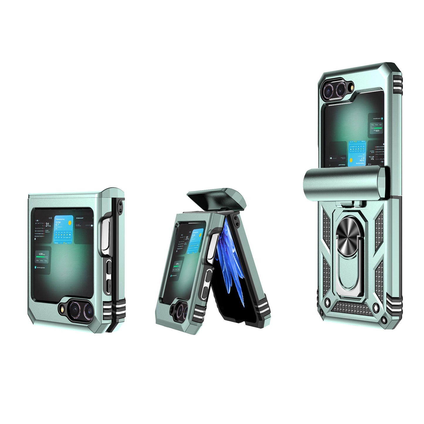 For Samsung Galaxy Z Flip6 5G Case Lens Protection PC TPU Phone Cover Anti-Drop Ring Holder - Blackish Green