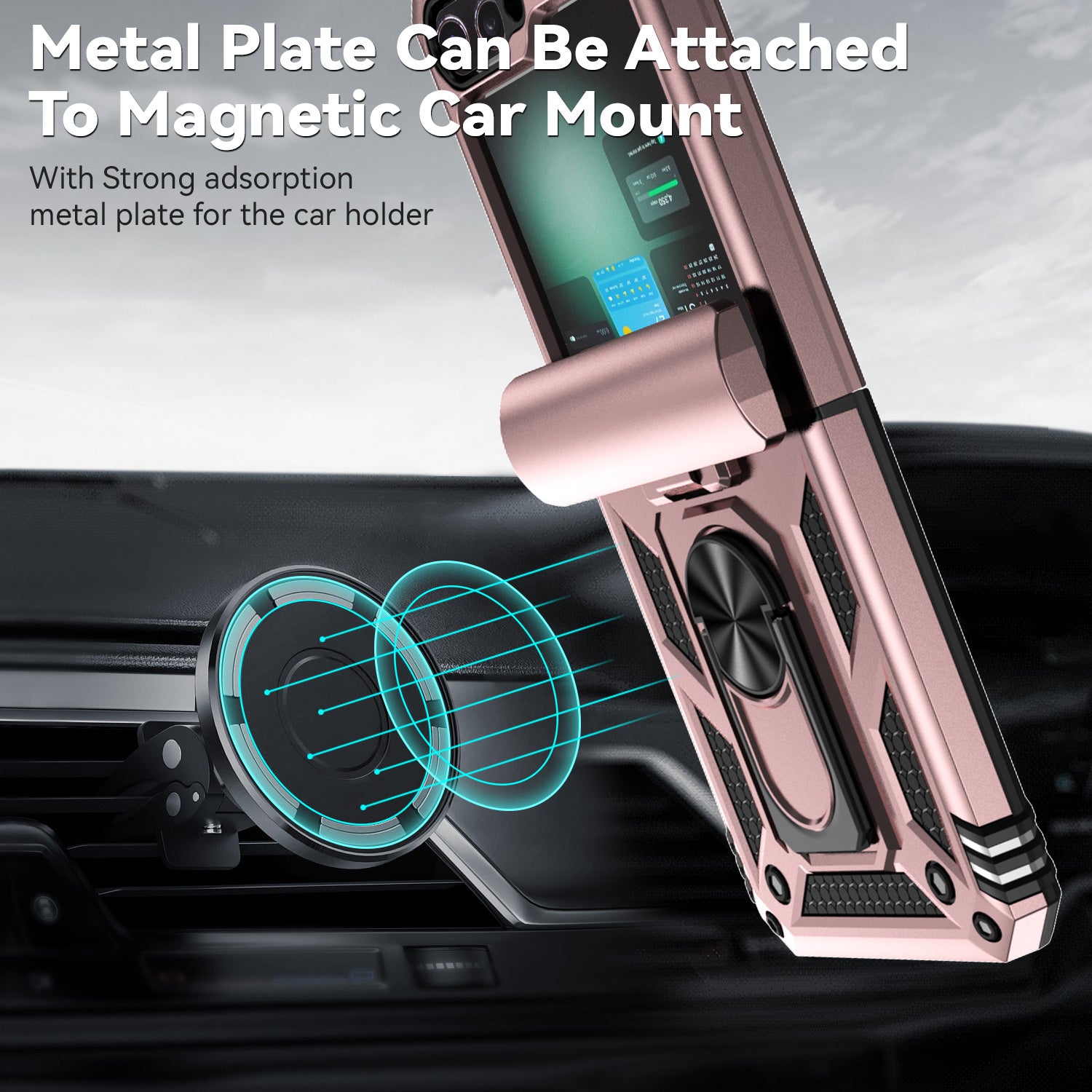 For Samsung Galaxy Z Flip6 5G Case Lens Protection PC TPU Phone Cover Anti-Drop Ring Holder - Rose Gold