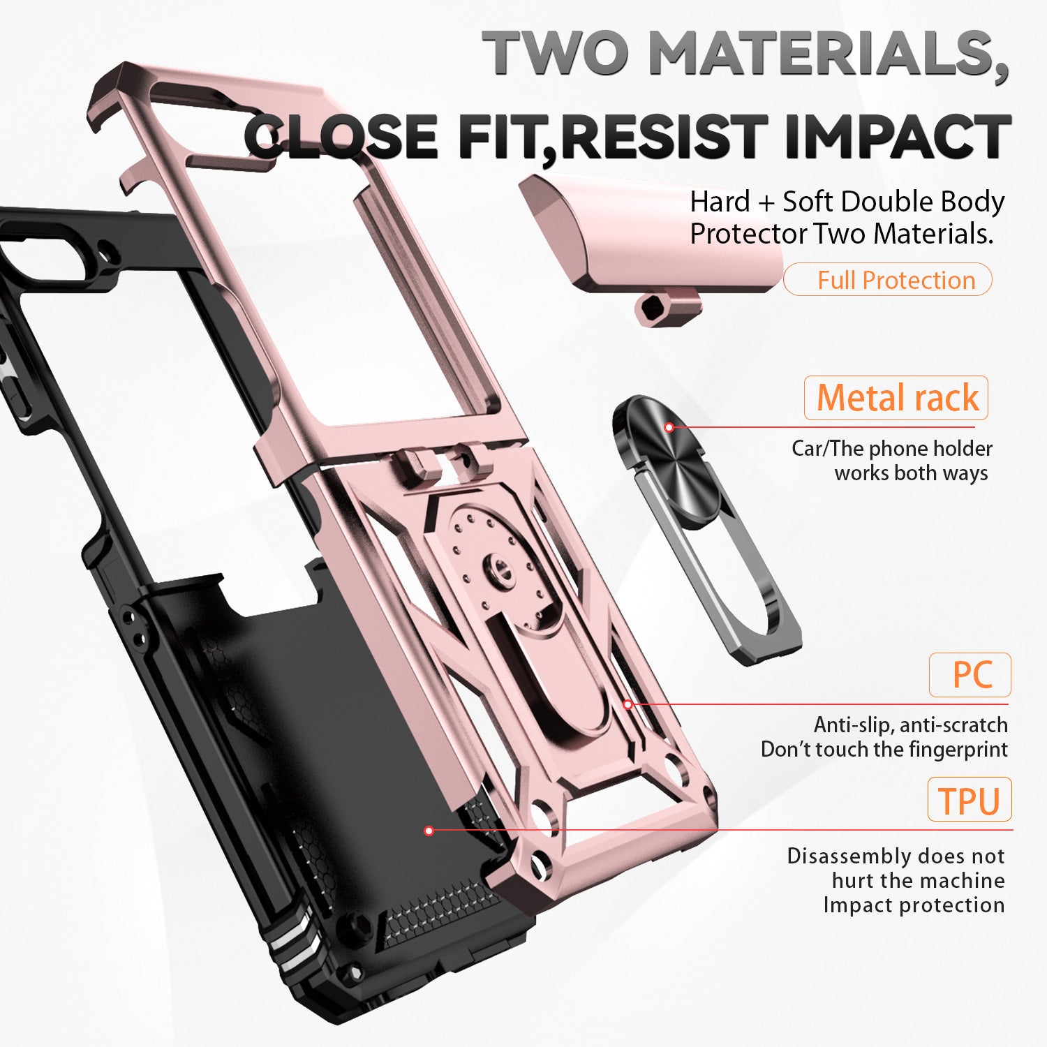 For Samsung Galaxy Z Flip6 5G Case Lens Protection PC TPU Phone Cover Anti-Drop Ring Holder - Rose Gold