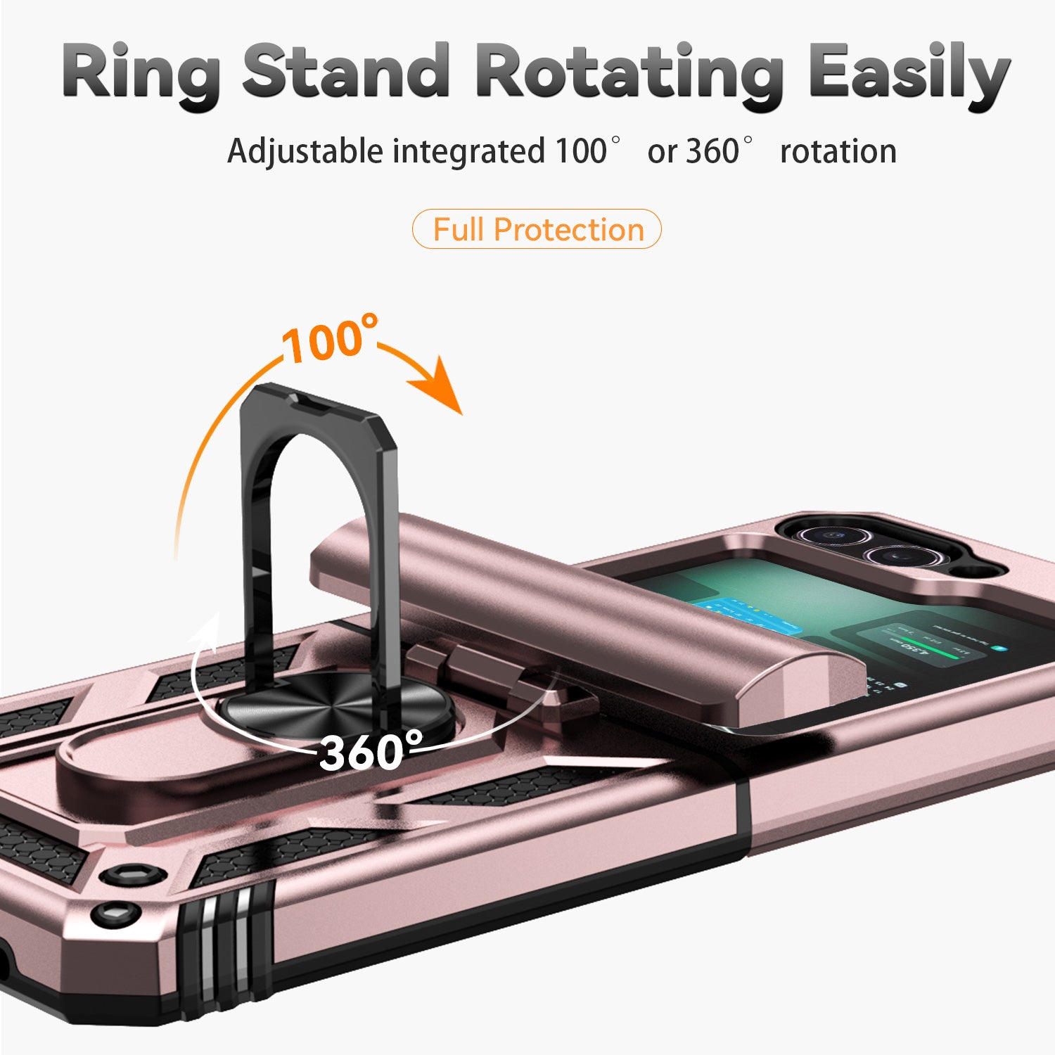 For Samsung Galaxy Z Flip6 5G Case Lens Protection PC TPU Phone Cover Anti-Drop Ring Holder - Rose Gold