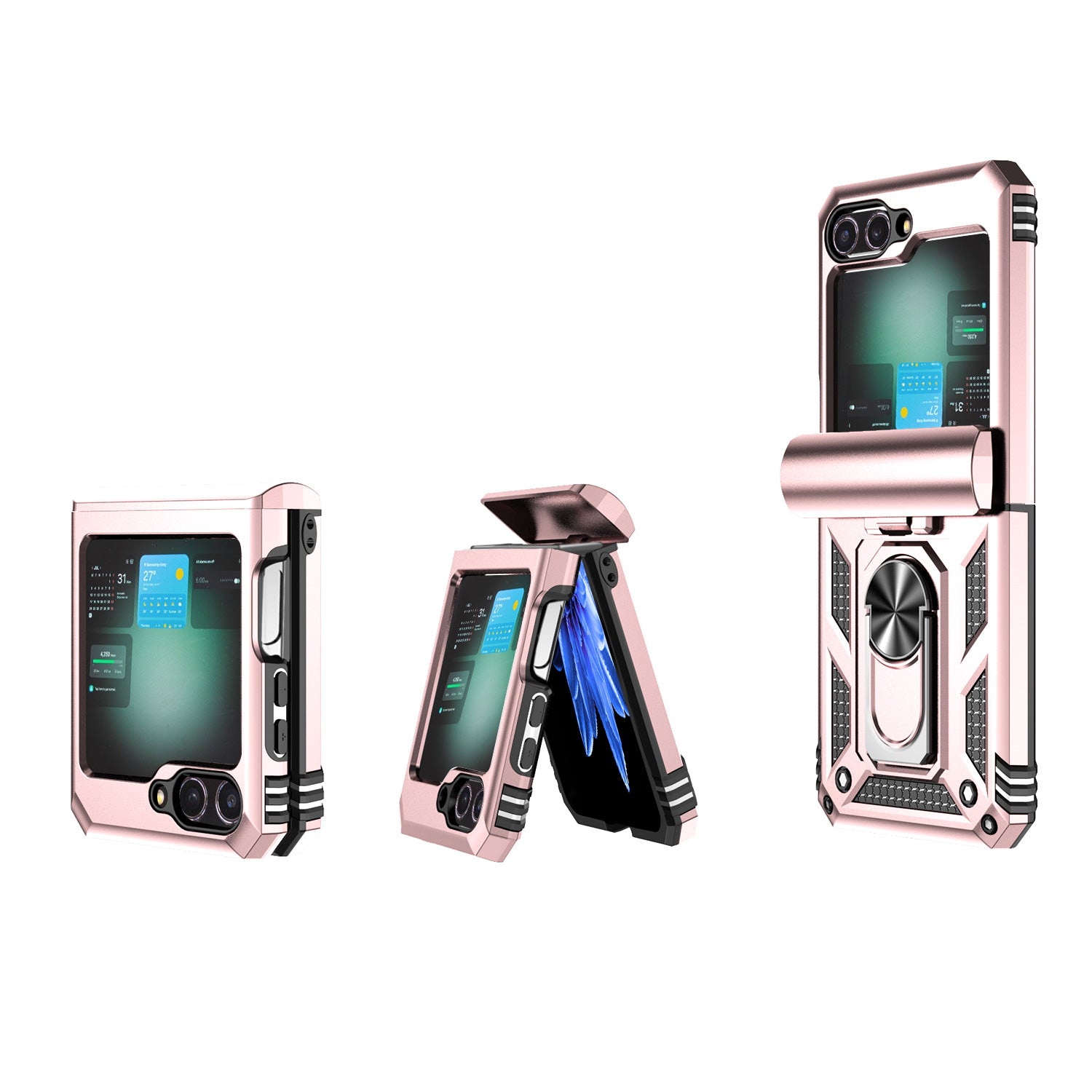 For Samsung Galaxy Z Flip6 5G Case Lens Protection PC TPU Phone Cover Anti-Drop Ring Holder - Rose Gold