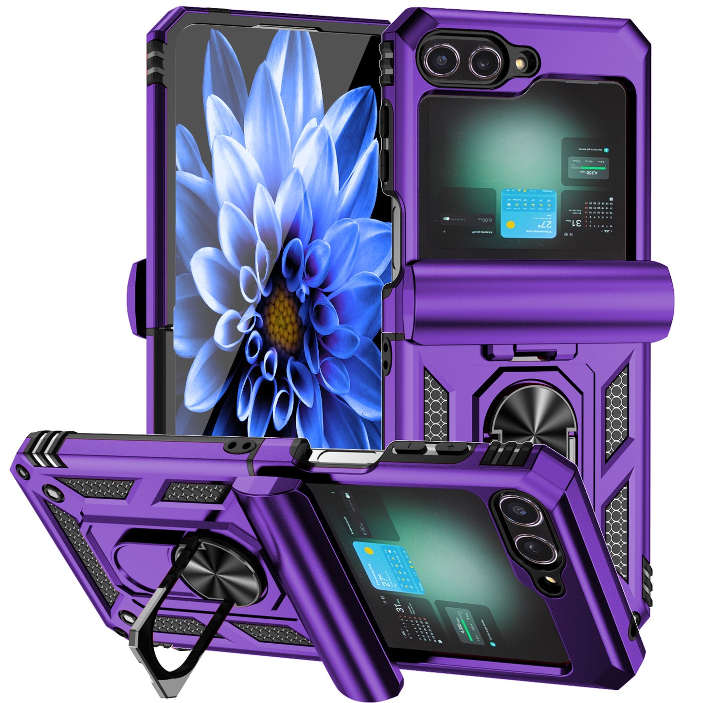 For Samsung Galaxy Z Flip6 5G Case Lens Protection PC TPU Phone Cover Anti-Drop Ring Holder - Purple