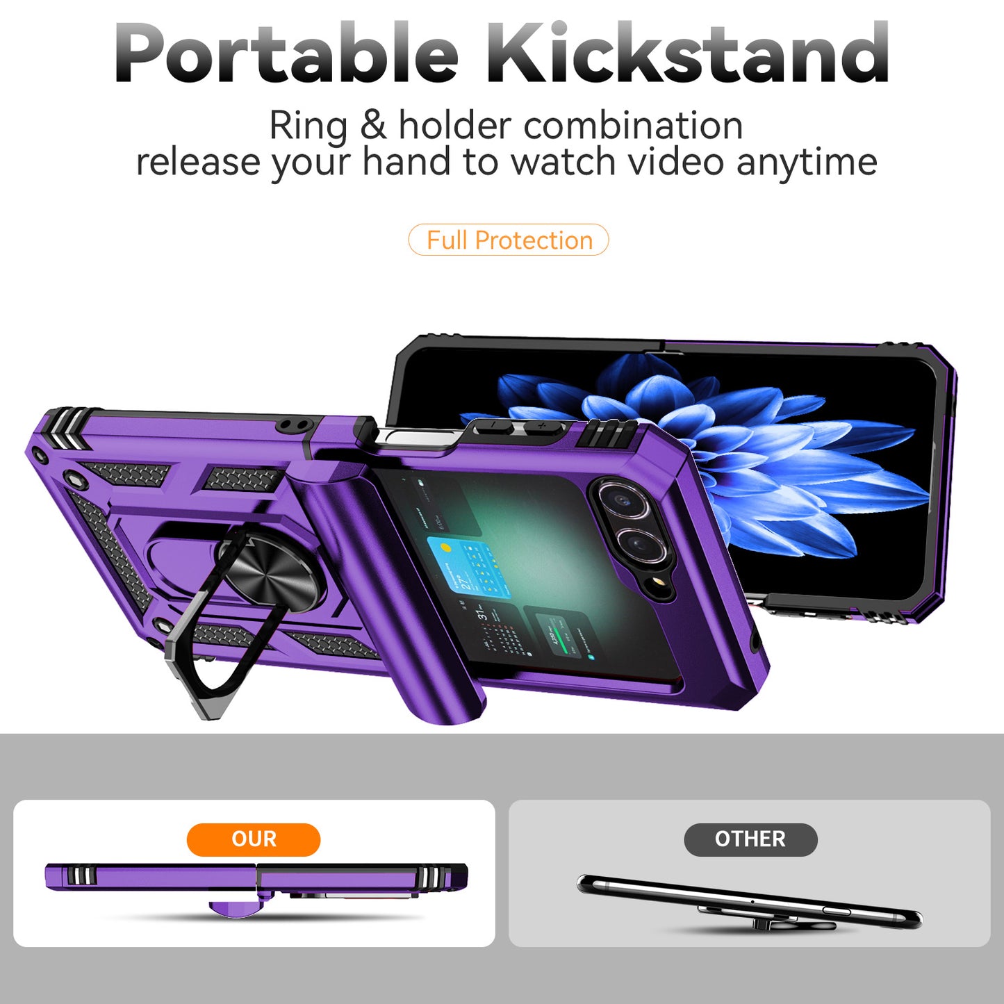 For Samsung Galaxy Z Flip6 5G Case Lens Protection PC TPU Phone Cover Anti-Drop Ring Holder - Purple