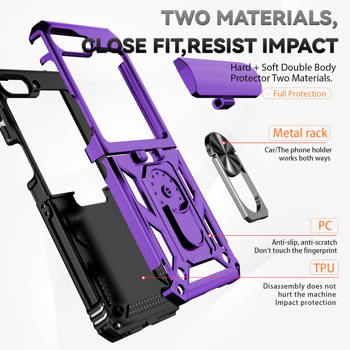 For Samsung Galaxy Z Flip6 5G Case Lens Protection PC TPU Phone Cover Anti-Drop Ring Holder - Purple