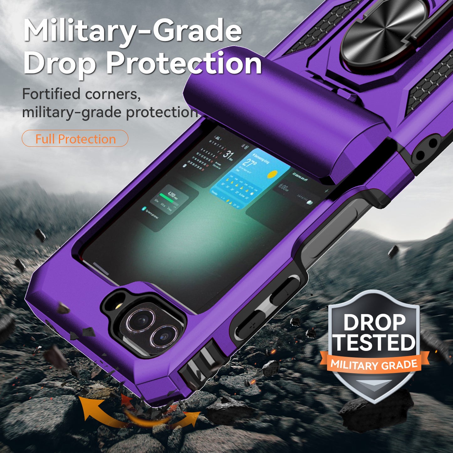 For Samsung Galaxy Z Flip6 5G Case Lens Protection PC TPU Phone Cover Anti-Drop Ring Holder - Purple