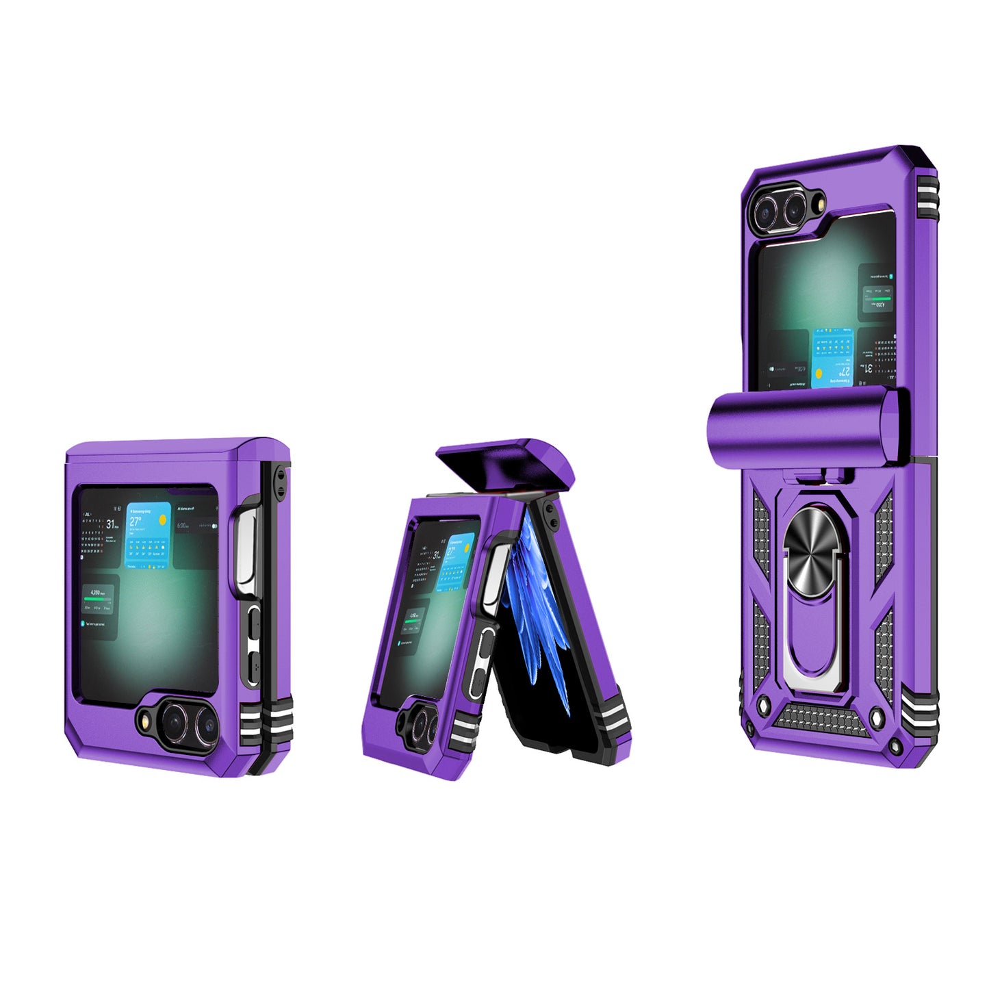 For Samsung Galaxy Z Flip6 5G Case Lens Protection PC TPU Phone Cover Anti-Drop Ring Holder - Purple