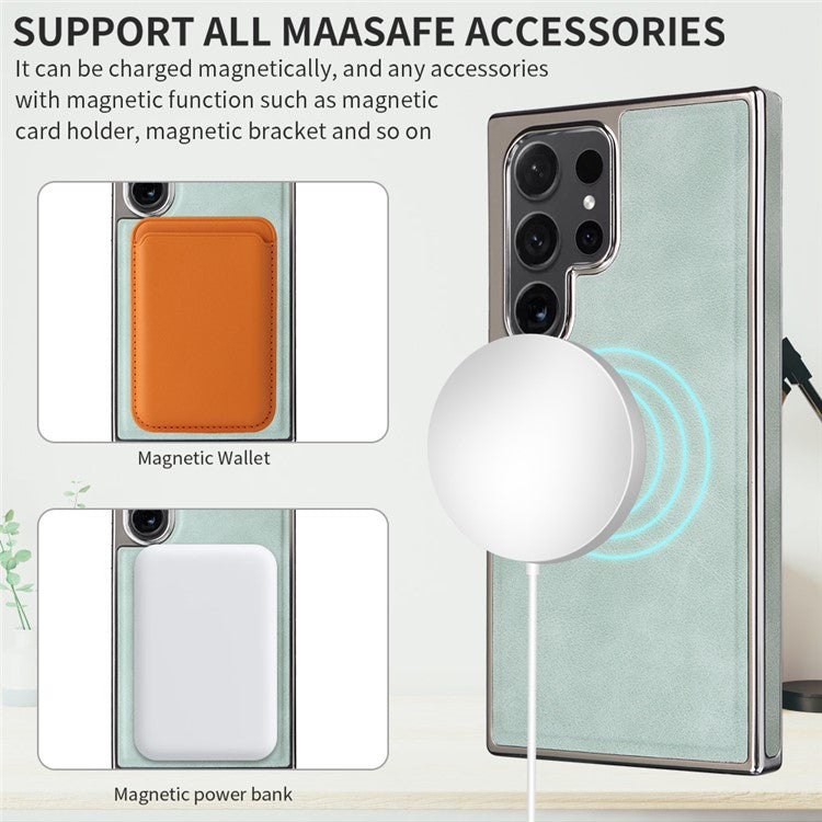 For Samsung Galaxy S23 Ultra Magnetic Case PU Leather Back Cover Compatible with MagSafe - White