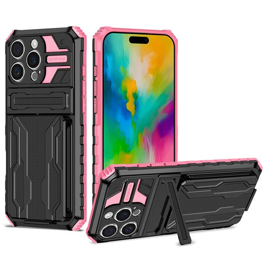 For iPhone 16 Pro Case with Card Holder PC + TPU Phone Back Cover Kickstand - Pink