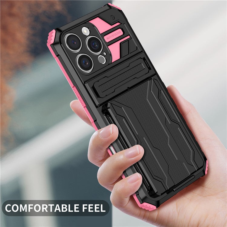 For iPhone 16 Pro Case with Card Holder PC + TPU Phone Back Cover Kickstand - Pink