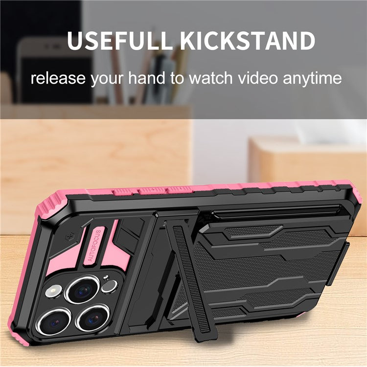 For iPhone 16 Pro Case with Card Holder PC + TPU Phone Back Cover Kickstand - Pink