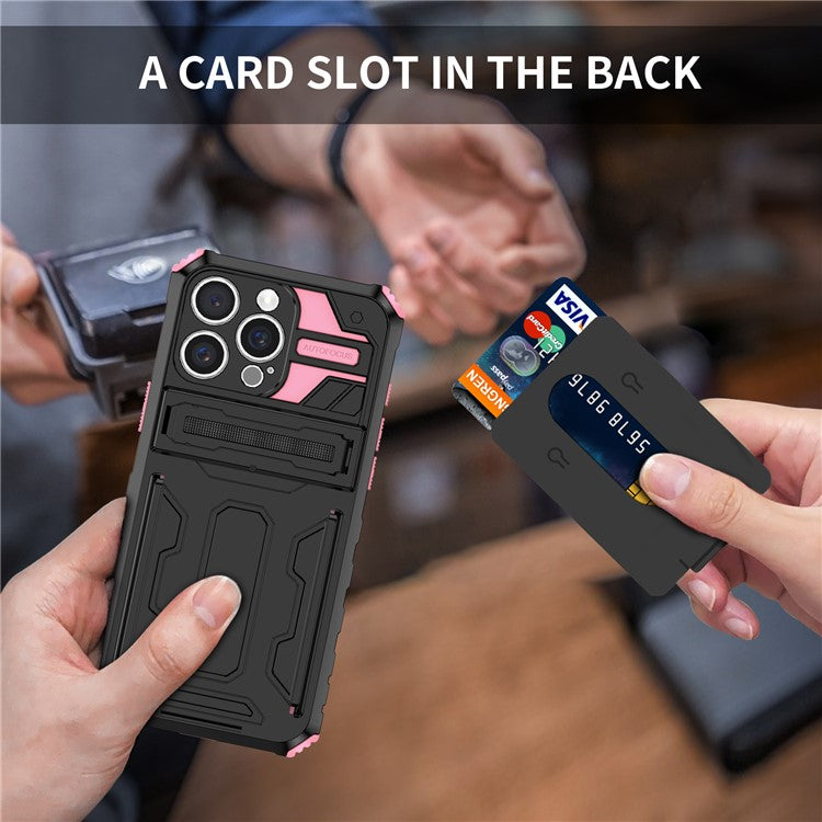 For iPhone 16 Pro Case with Card Holder PC + TPU Phone Back Cover Kickstand - Pink