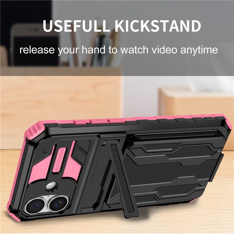 For iPhone 16 Case with Card Holder PC + TPU Phone Back Cover Kickstand - Pink