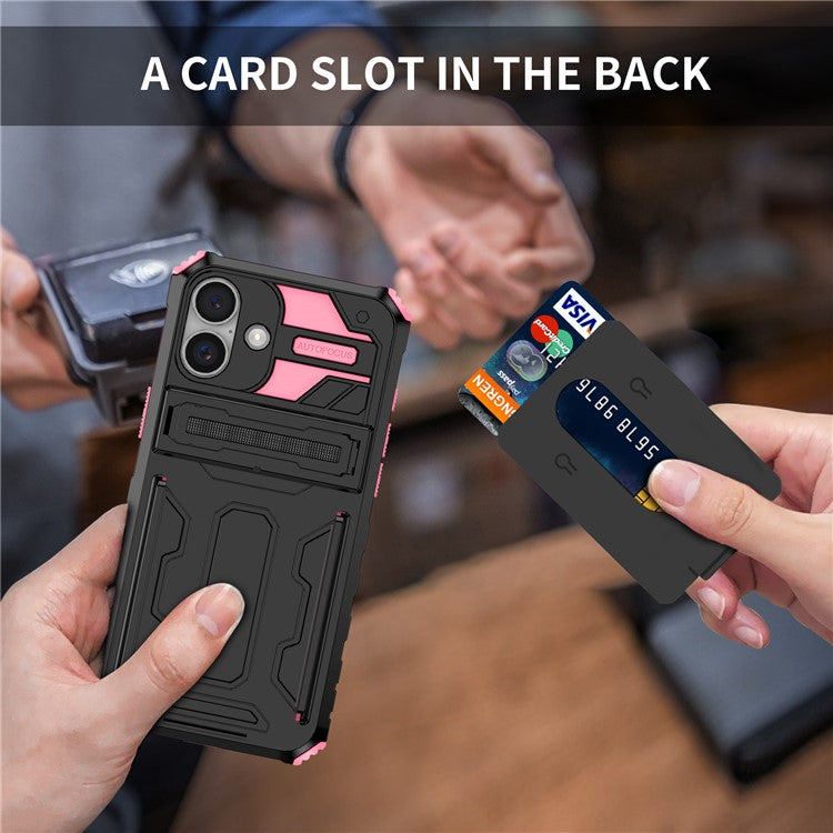 For iPhone 16 Case with Card Holder PC + TPU Phone Back Cover Kickstand - Pink