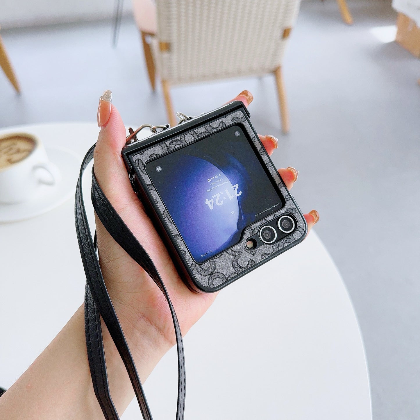 For Samsung Galaxy Z Flip6 5G Case Floral Pattern PU Leather Coated PC Phone Cover with Crossbody Strap - Black