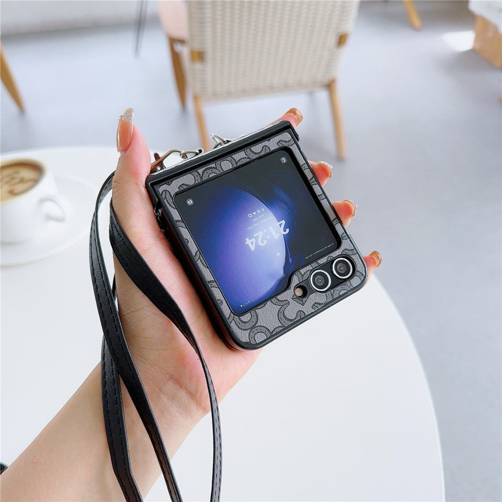 For Samsung Galaxy Z Flip7 FE 5G / Z Flip6 5G Case Floral Pattern PU Leather Coated PC Phone Cover with Crossbody Strap - Black