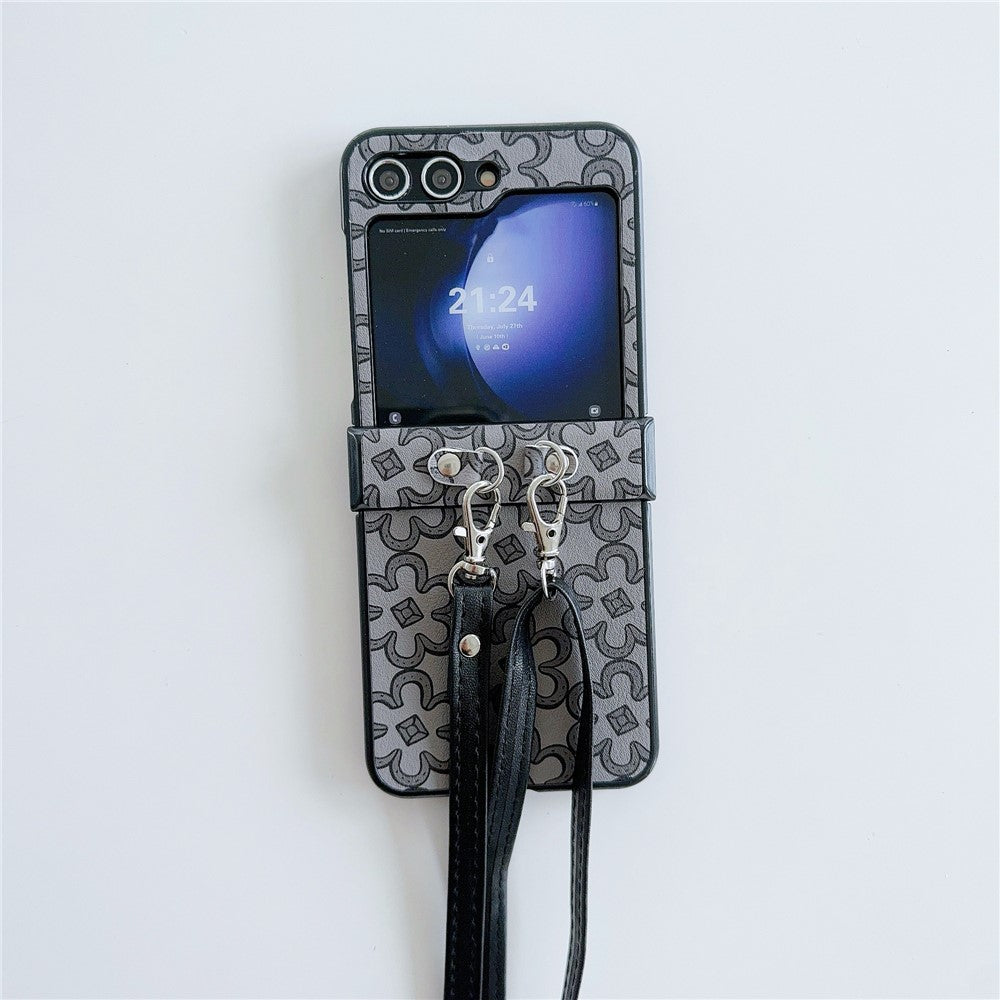 For Samsung Galaxy Z Flip7 FE 5G / Z Flip6 5G Case Floral Pattern PU Leather Coated PC Phone Cover with Crossbody Strap - Black